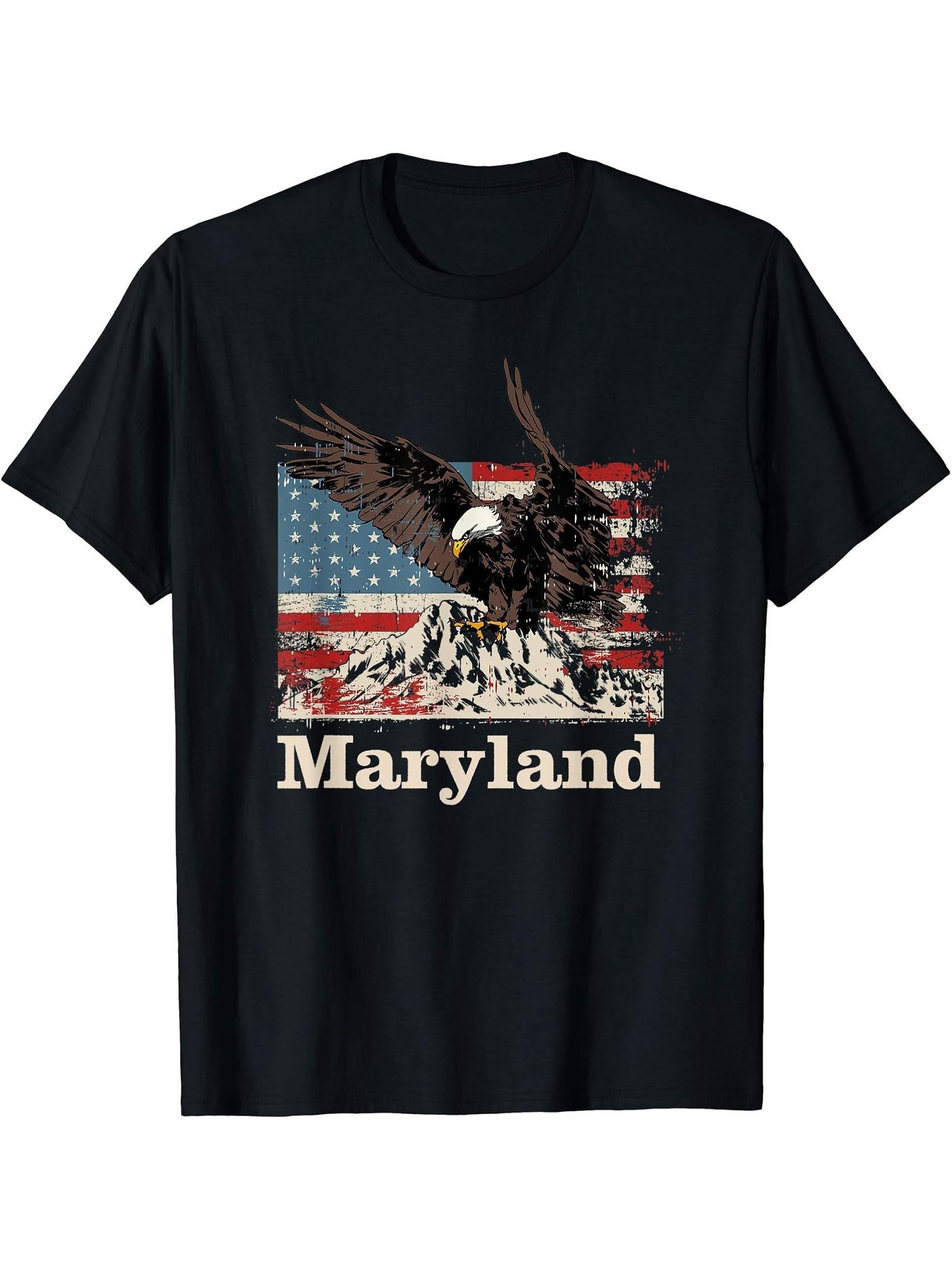American Bald Eagle Flag Maryland Souvenir T-Shirt 180G 100% Cotton Printed Round Neck Short-Sleeve T-Shirt, Gifts for Men Dad Husband Grandpa, S-XXXL, Black