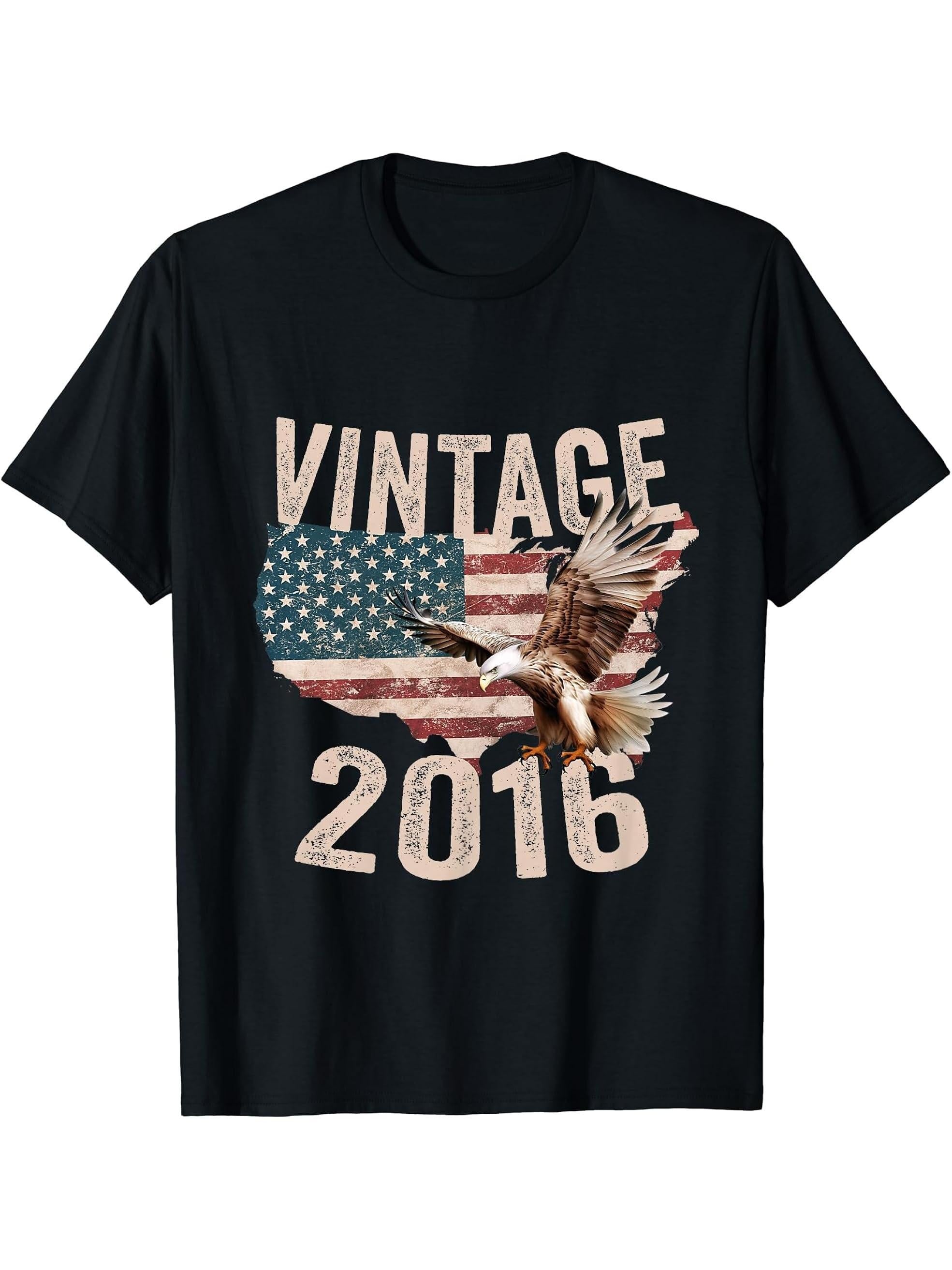Vintage 2016 Bald Eagle American Flag Country T-Shirt 180G 100% Cotton Printed Round Neck Short-Sleeve T-Shirt, Gifts for Men Dad Husband Grandpa, S-XXXL, Black
