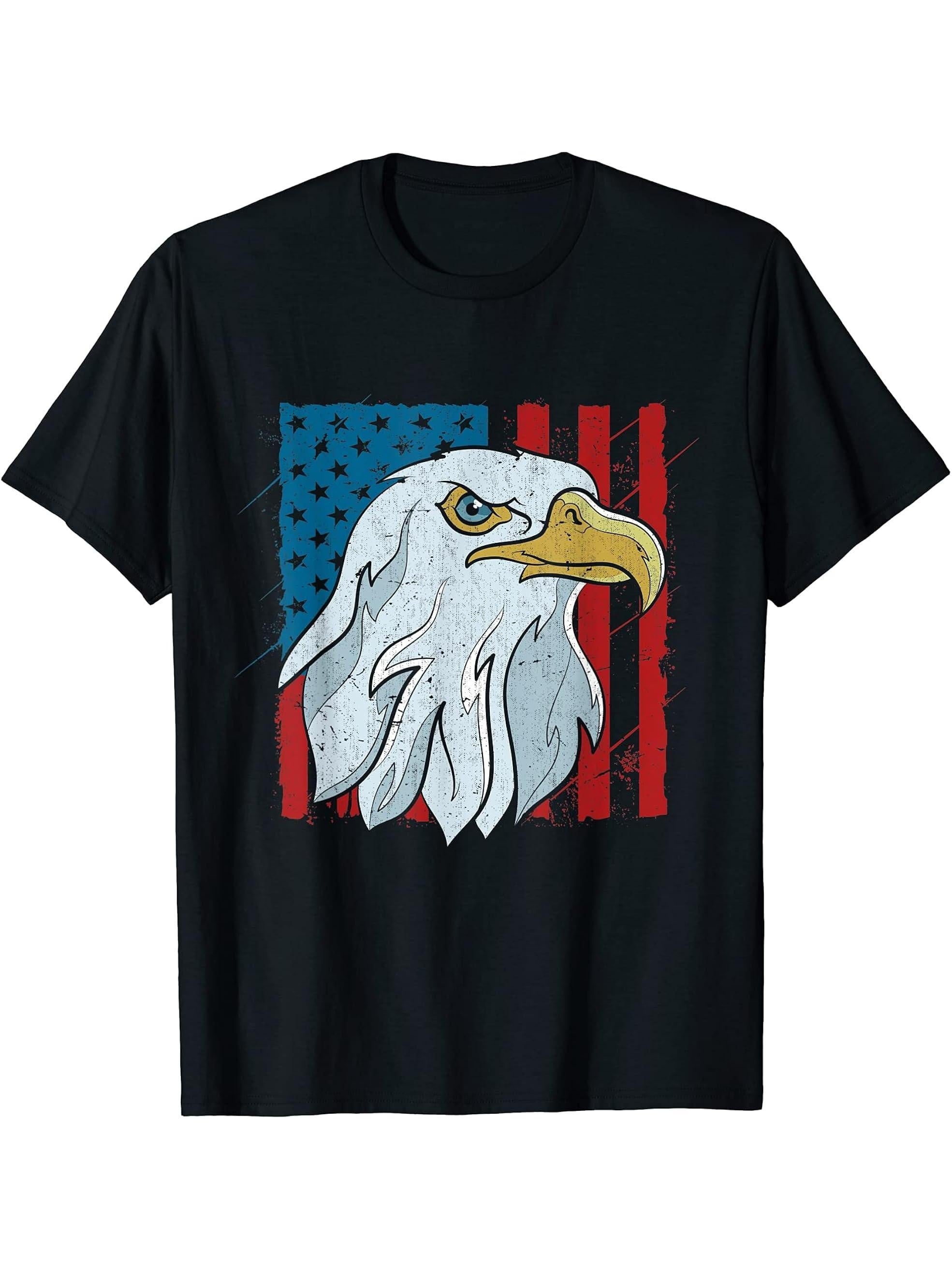 Proud American Bald Eagle Freedom USA Flag 4th Of July Eagle T-Shirt 180G 100% Cotton Printed Round Neck Short-Sleeve T-Shirt, Gifts for Men Dad Husband Grandpa, S-XXXL, Black