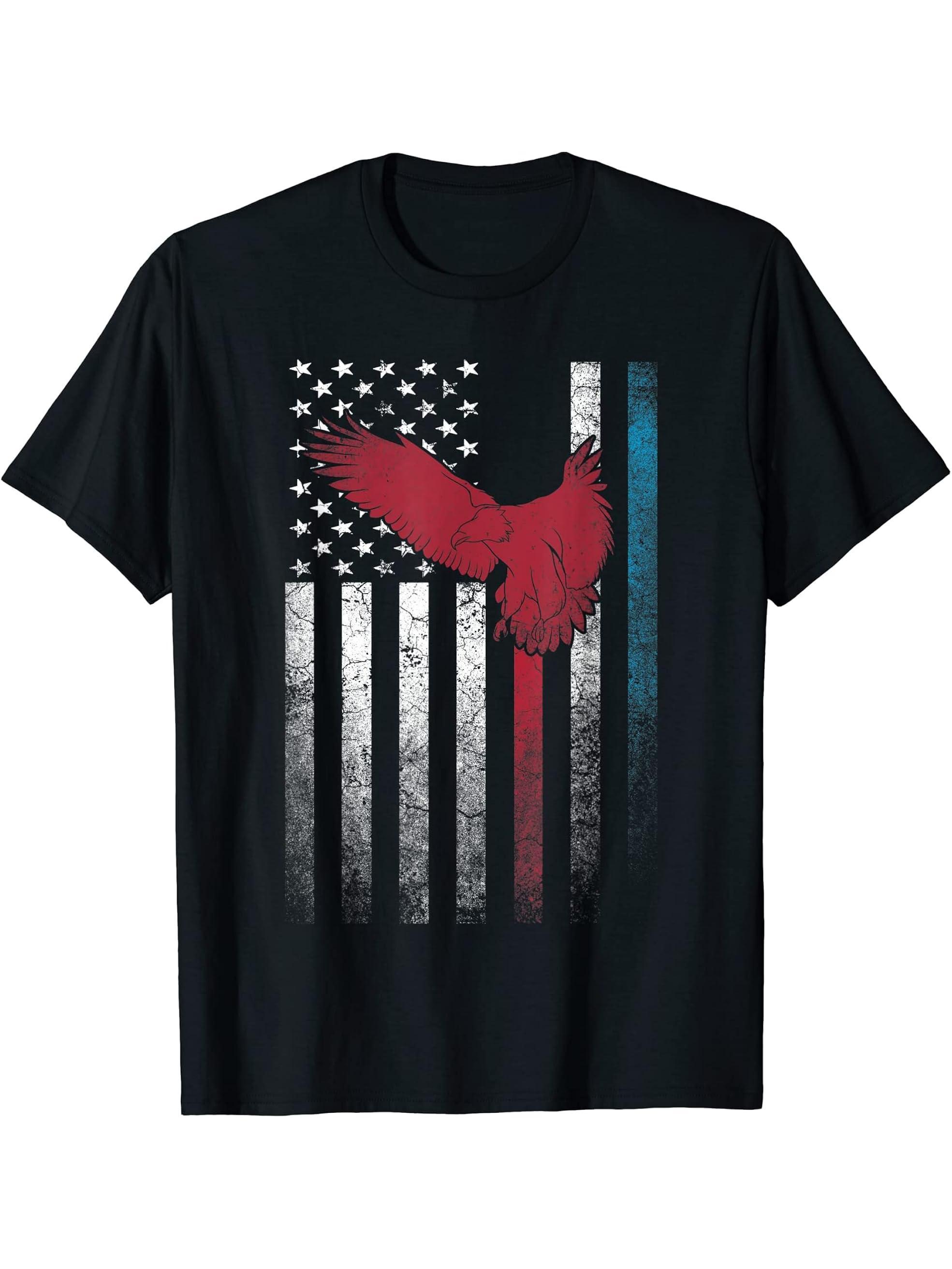 Bald Eagle Bird 4th of July Gift American Flag USA - America T-Shirt 180G 100% Cotton Printed Round Neck Short-Sleeve T-Shirt, Gifts for Men Dad Husband Grandpa, S-XXXL, Black