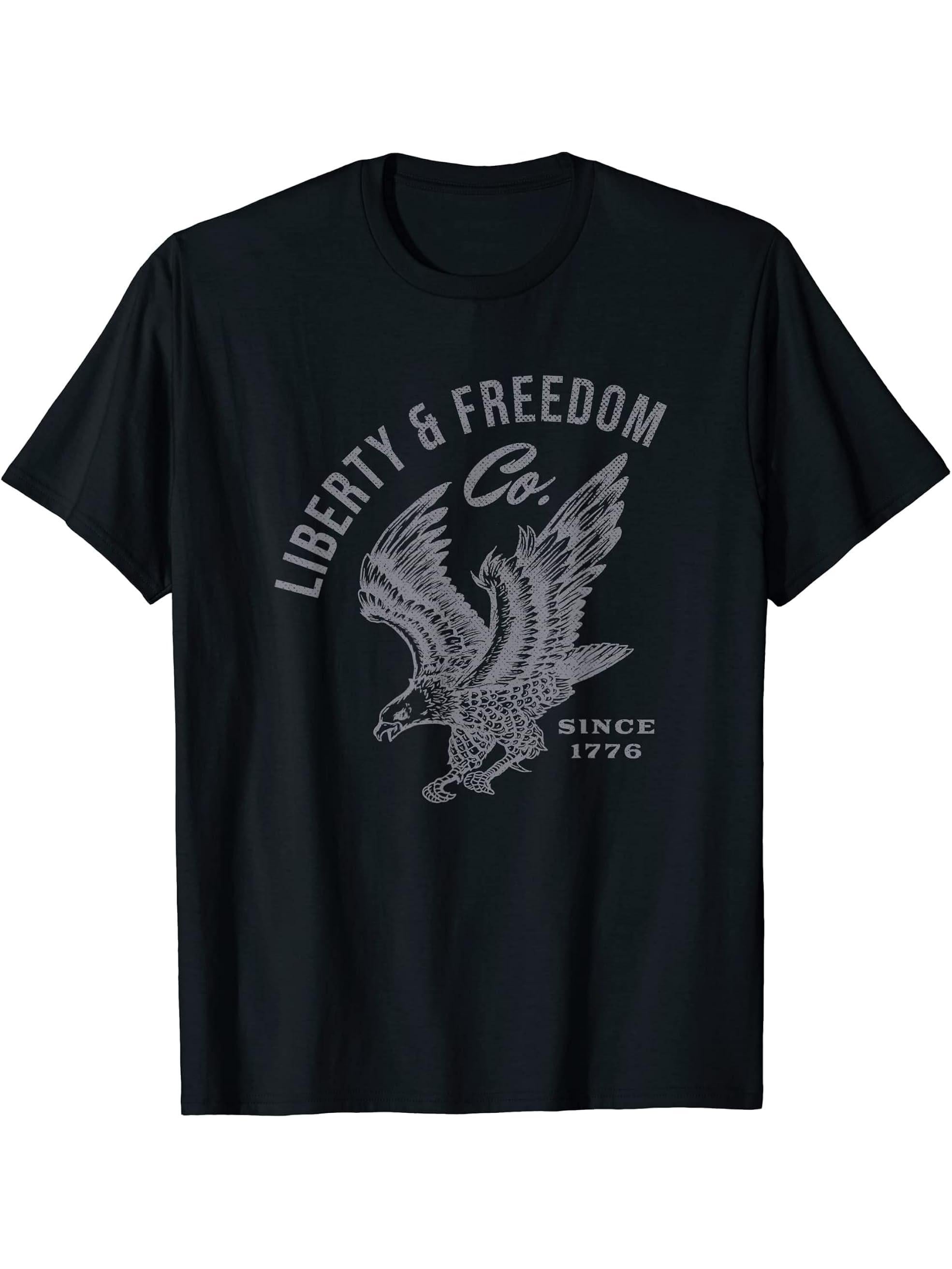 Patriotic Bald Eagle for 4th of July T-Shirt 180G 100% Cotton Printed Round Neck Short-Sleeve T-Shirt, Gifts for Men Dad Husband Grandpa, S-XXXL, Black