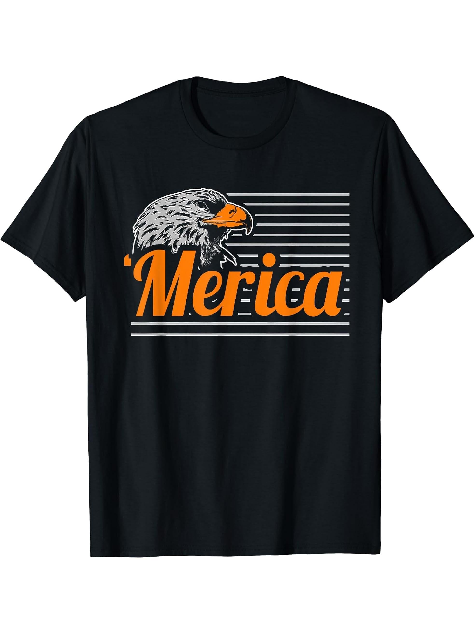 Merica Bald Eagle Patriotic American US Fourth July T-Shirt 180G 100% Cotton Printed Round Neck Short-Sleeve T-Shirt, Gifts for Men Dad Husband Grandpa, S-XXXL, Black