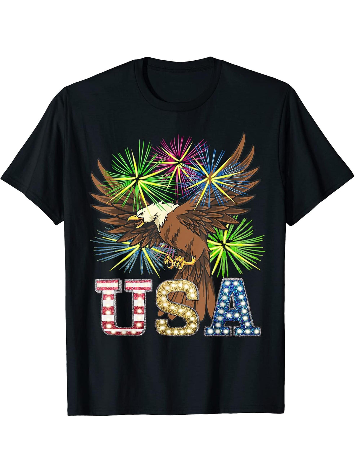 USA Bald Eagle T-Shirt 180G 100% Cotton Printed Round Neck Short-Sleeve T-Shirt, Gifts for Men Dad Husband Grandpa, S-XXXL, Black