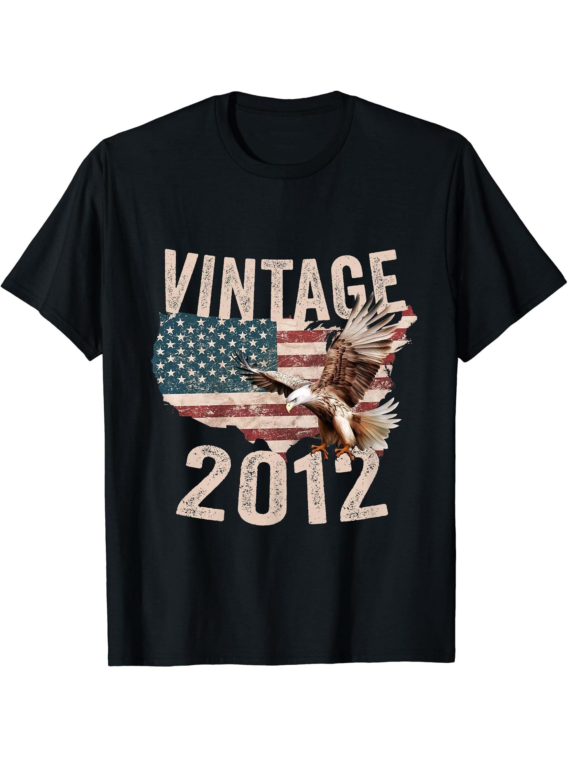 Vintage 2012 Bald Eagle American Flag Country T-Shirt 180G 100% Cotton Printed Round Neck Short-Sleeve T-Shirt, Gifts for Men Dad Husband Grandpa, S-XXXL, Black