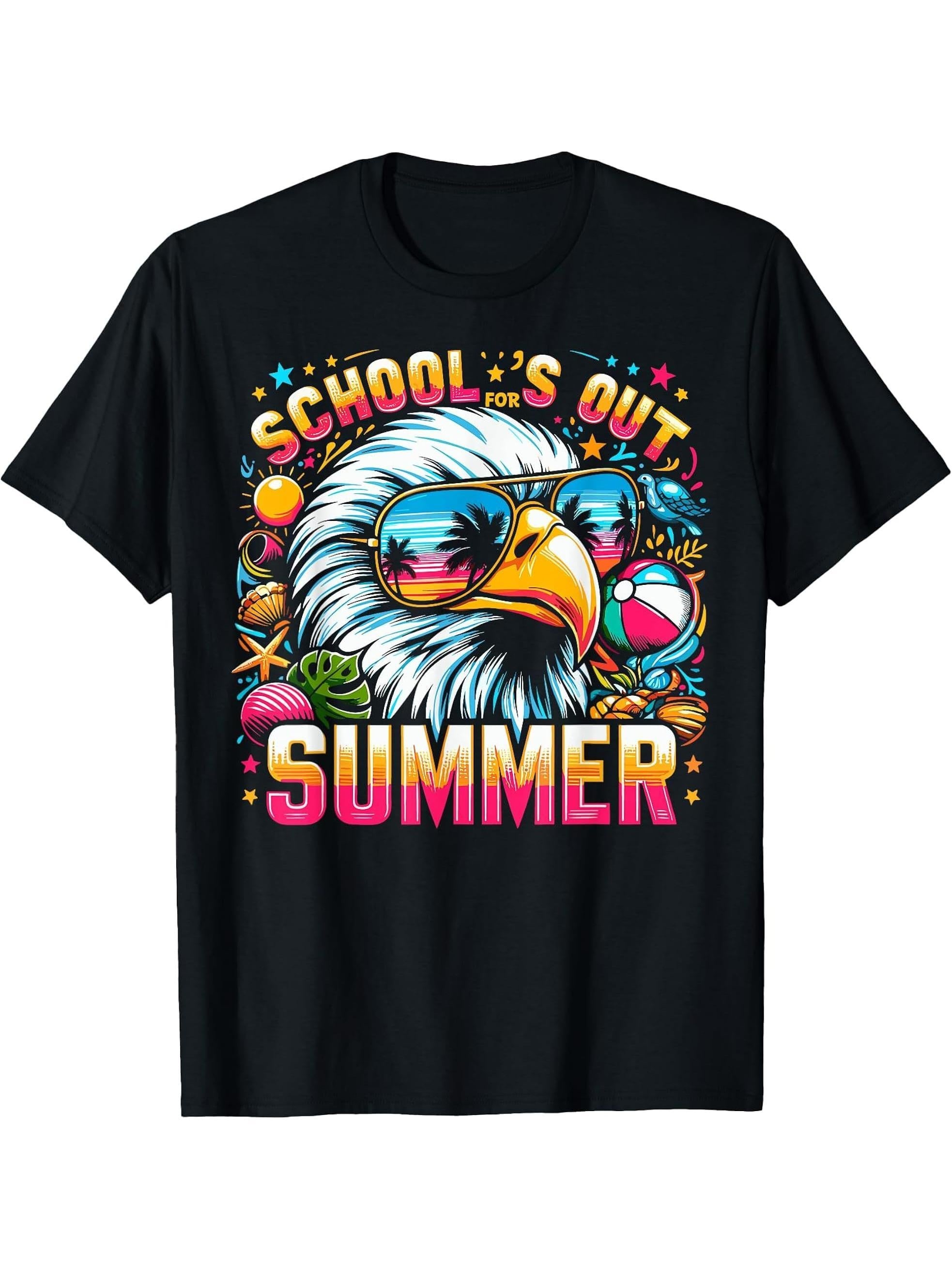 Schools Out For Summer Teacher Girls Boys Boy Girl Bald Eagle T-Shirt 180G 100% Cotton Printed Round Neck Short-Sleeve T-Shirt, Gifts for Men Dad Husband Grandpa, S-XXXL, Black