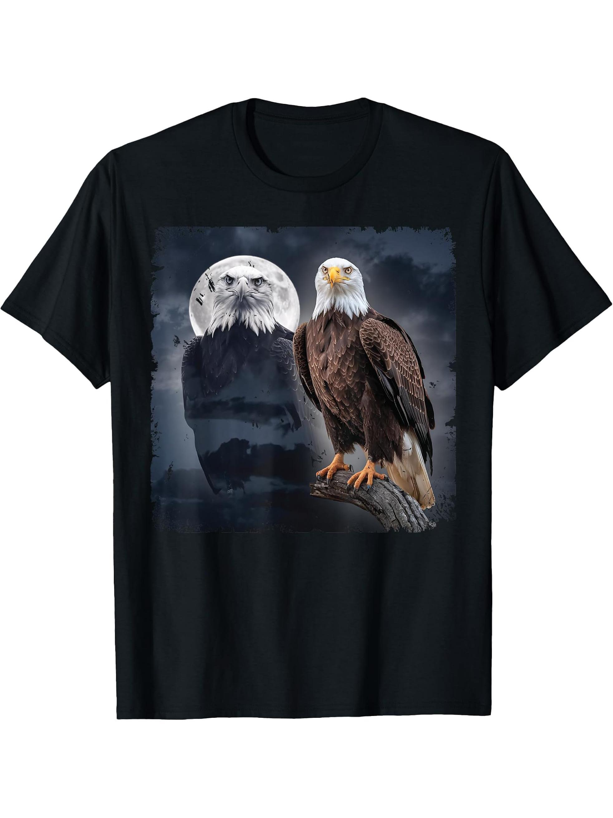 American Nature Bald Eagle Moon Sketch Wildlife T-Shirt 180G 100% Cotton Printed Round Neck Short-Sleeve T-Shirt, Gifts for Men Dad Husband Grandpa, S-XXXL, Black