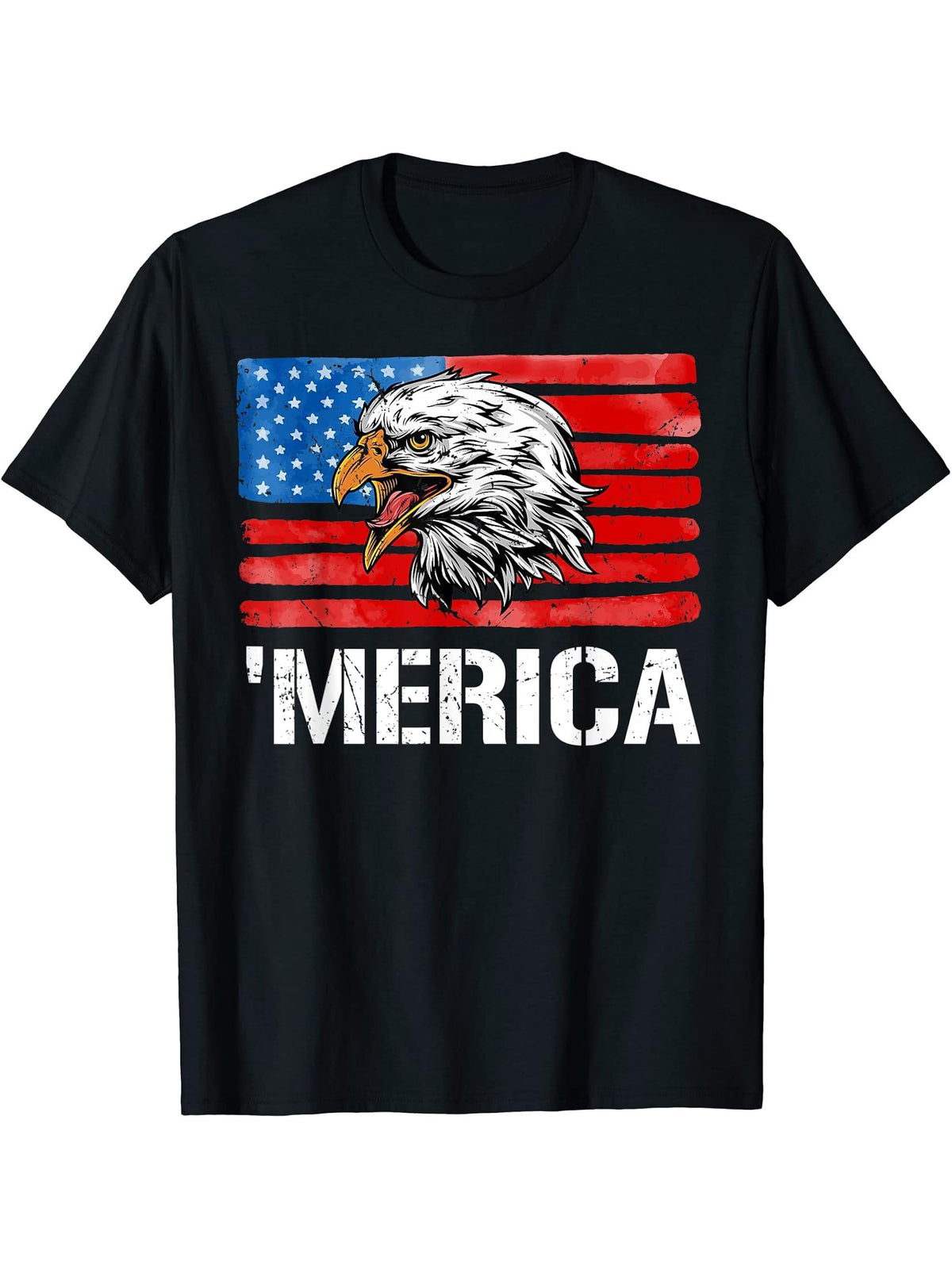 Merica Bald Eagle Patriotic July 4th Veteran American Flag T-Shirt 180G 100% Cotton Printed Round Neck Short-Sleeve T-Shirt, Gifts for Men Dad Husband Grandpa, S-XXXL, Black