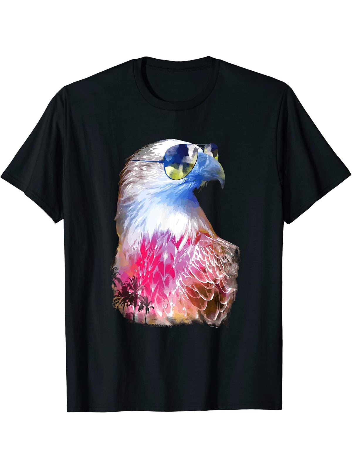 Eagle with colorful sunglasses Bald T-Shirt 180G 100% Cotton Printed Round Neck Short-Sleeve T-Shirt, Gifts for Men Dad Husband Grandpa, S-XXXL, Black