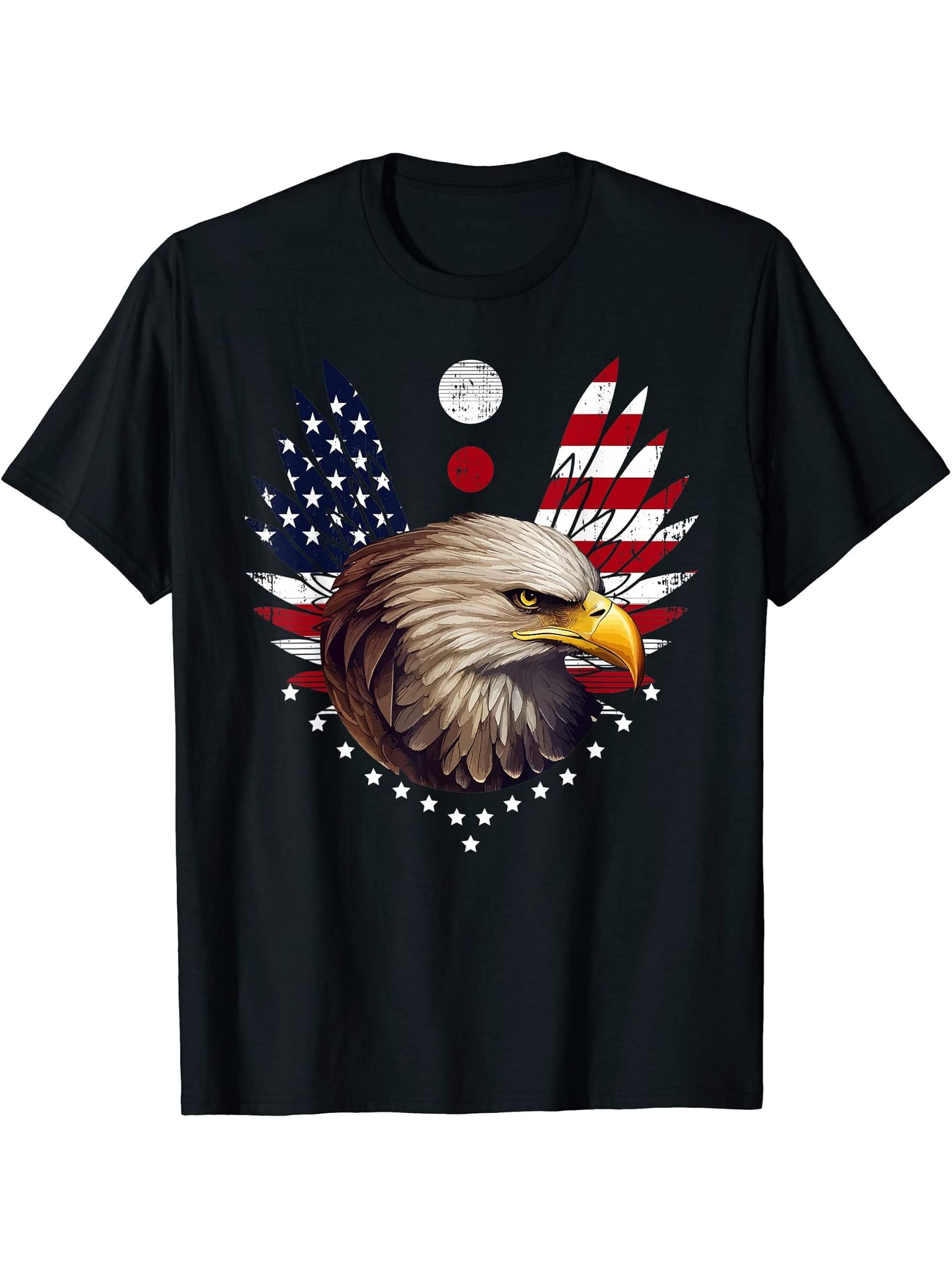 Bald Eagle American Flag US Flag Patriotic Animal T-Shirt 180G 100% Cotton Printed Round Neck Short-Sleeve T-Shirt, Gifts for Men Dad Husband Grandpa, S-XXXL, Black