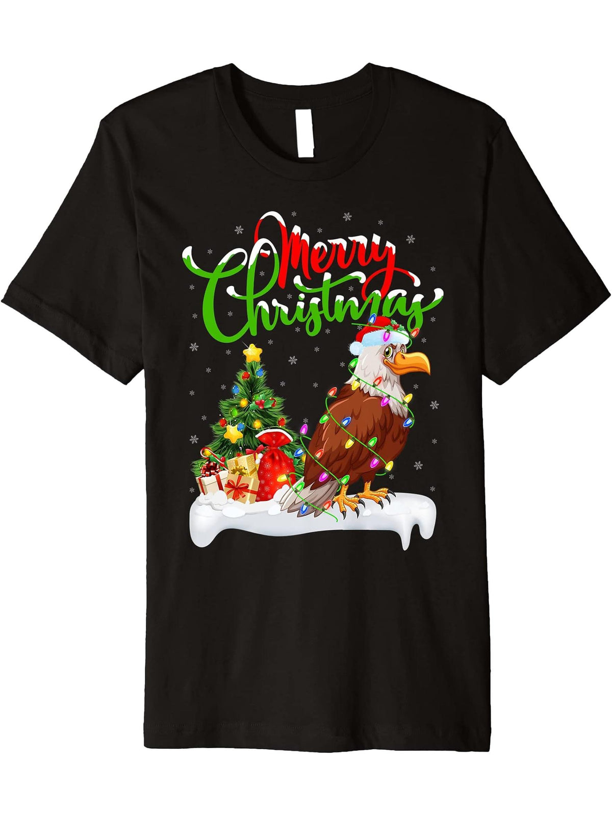 Bald Eagle Bird Lover Xmas Lighting Bald Eagle Christmas Premium T-Shirt 180G 100% Cotton Printed Round Neck Short-Sleeve T-Shirt, Gifts for Men Dad Husband Grandpa, S-XXXL, Black