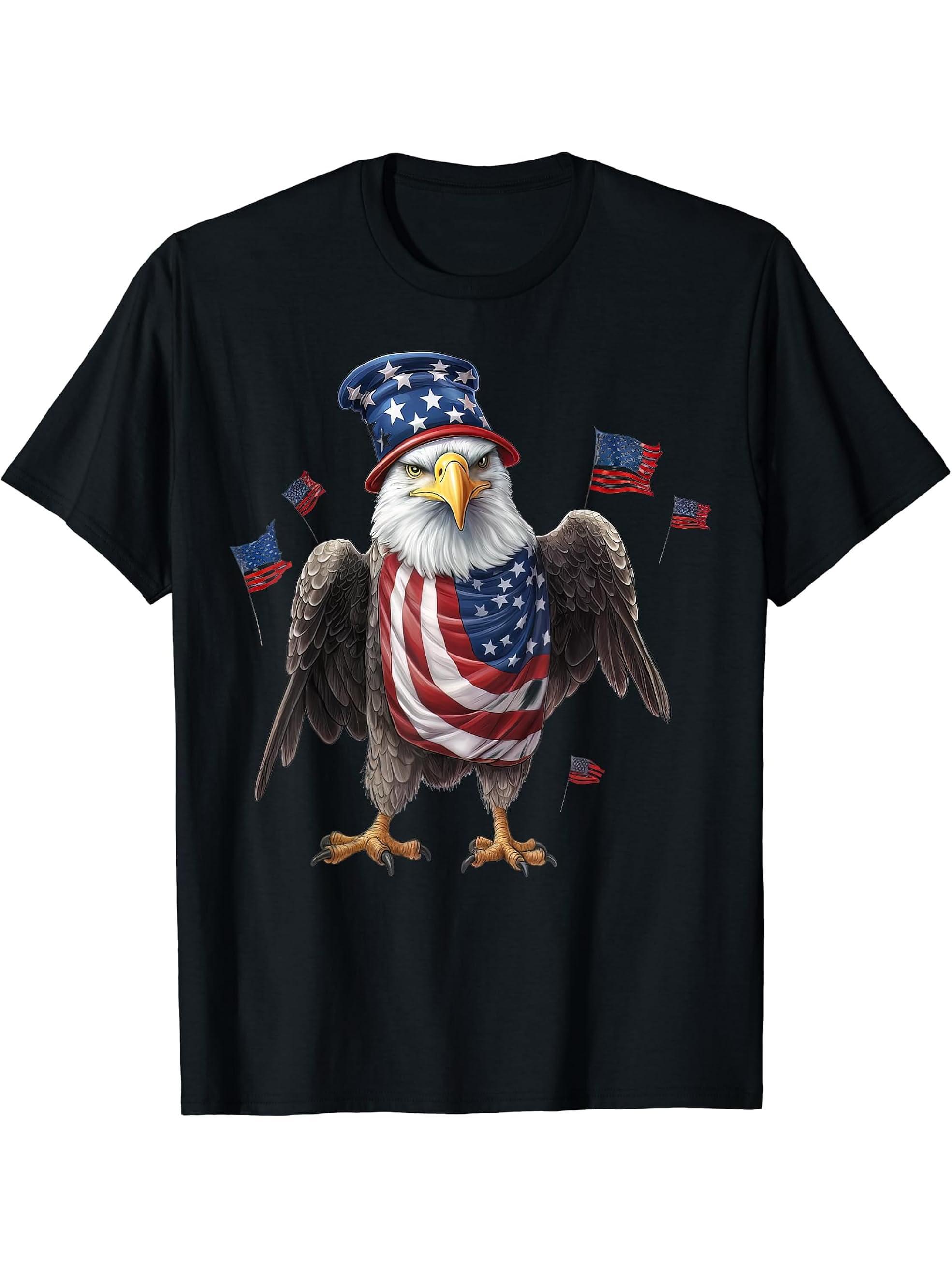 Land of the Free, Home of the Brave: Bald Eagle T-Shirt 180G 100% Cotton Printed Round Neck Short-Sleeve T-Shirt, Gifts for Men Dad Husband Grandpa, S-XXXL, Black
