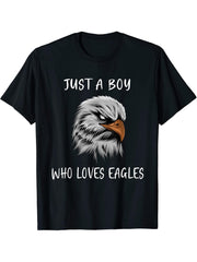 Bald Eagle Just a Boy Who Loves Eagles T-Shirt 180G 100% Cotton Printed Round Neck Short-Sleeve T-Shirt, Gifts for Men Dad Husband Grandpa, S-XXXL, Black