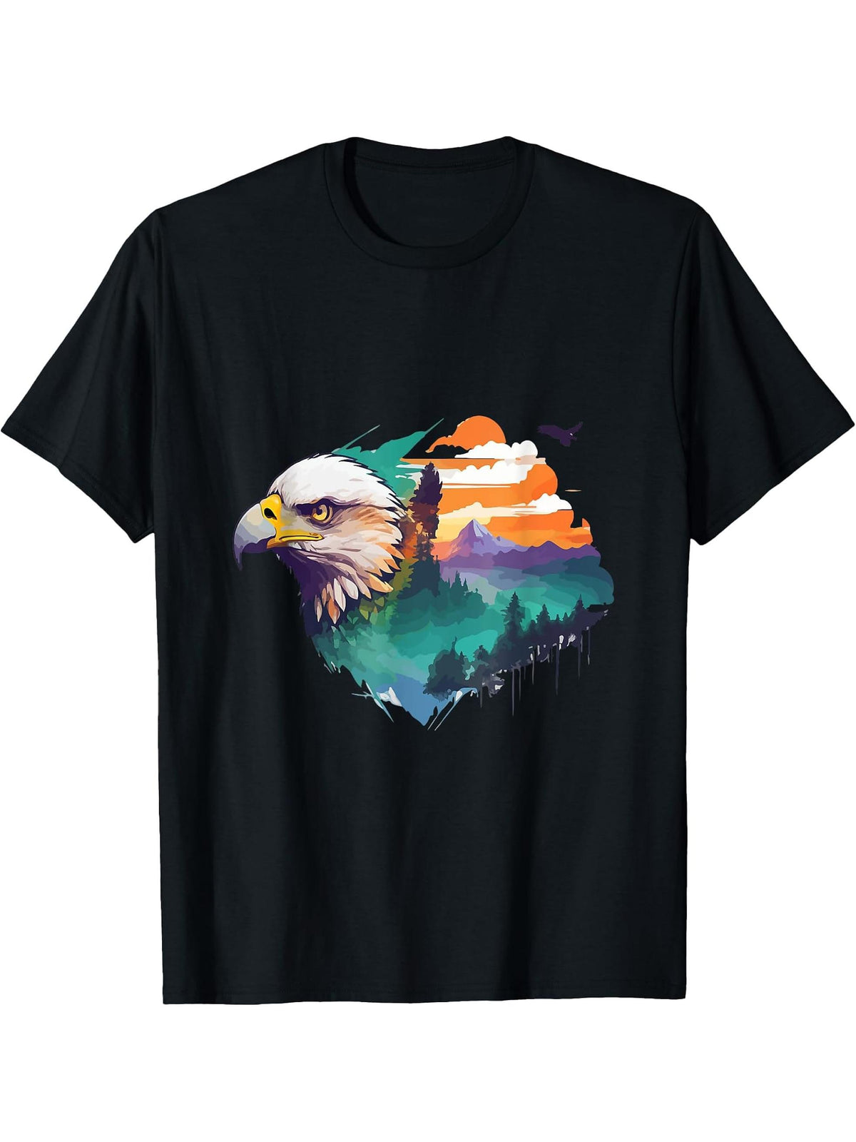 Majestic Bald Eagle Scenic Mountain Sunset T-Shirt 180G 100% Cotton Printed Round Neck Short-Sleeve T-Shirt, Gifts for Men Dad Husband Grandpa, S-XXXL, Black
