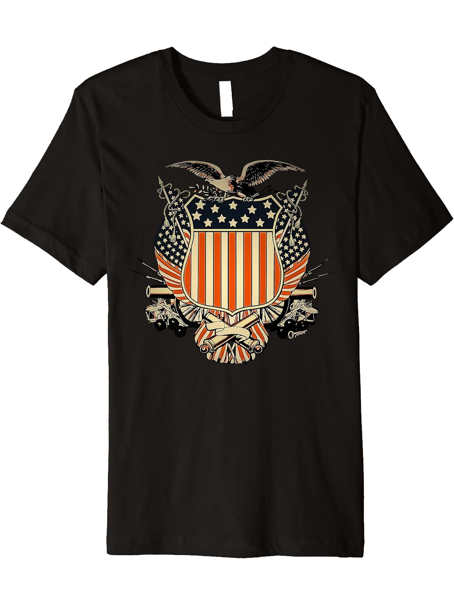 Bald Eagle USA Flag Shield 4th of July Vintage Retro Art Tee Premium T-Shirt 180G 100% Cotton Printed Round Neck Short-Sleeve T-Shirt, Gifts for Men Dad Husband Grandpa, S-XXXL, Black