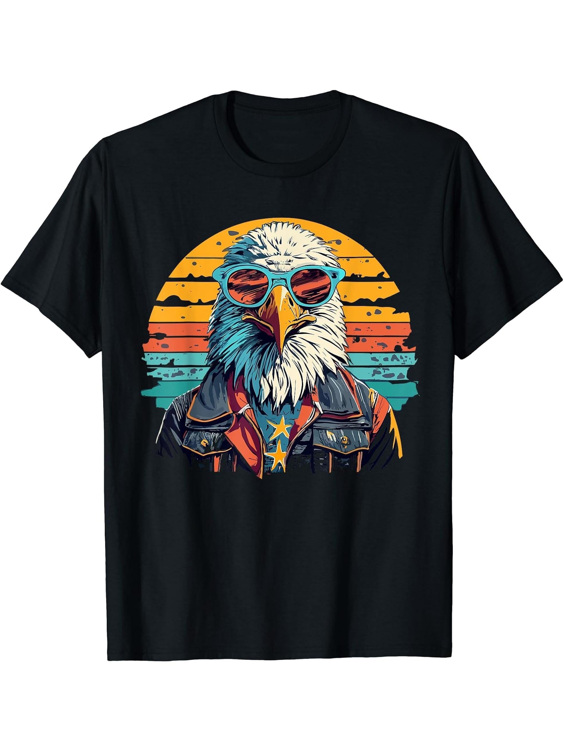Vintage Eagle with Sunglasses - Retro American Bald Eagle T-Shirt 180G 100% Cotton Printed Round Neck Short-Sleeve T-Shirt, Gifts for Men Dad Husband Grandpa, S-XXXL, Black