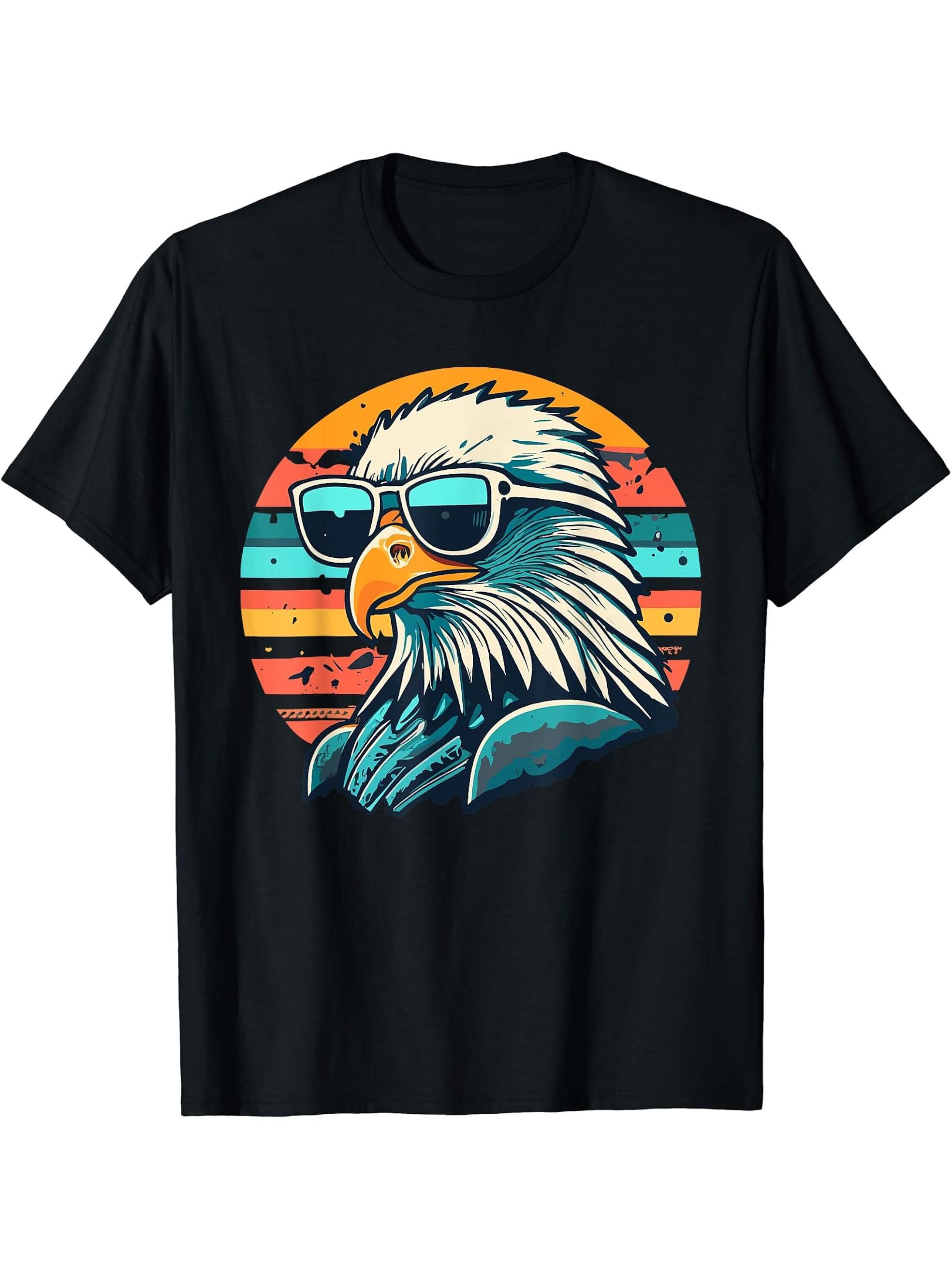 Vintage Eagle with Sunglasses - Retro American Bald Eagle T-Shirt 180G 100% Cotton Printed Round Neck Short-Sleeve T-Shirt, Gifts for Men Dad Husband Grandpa, S-XXXL, Black