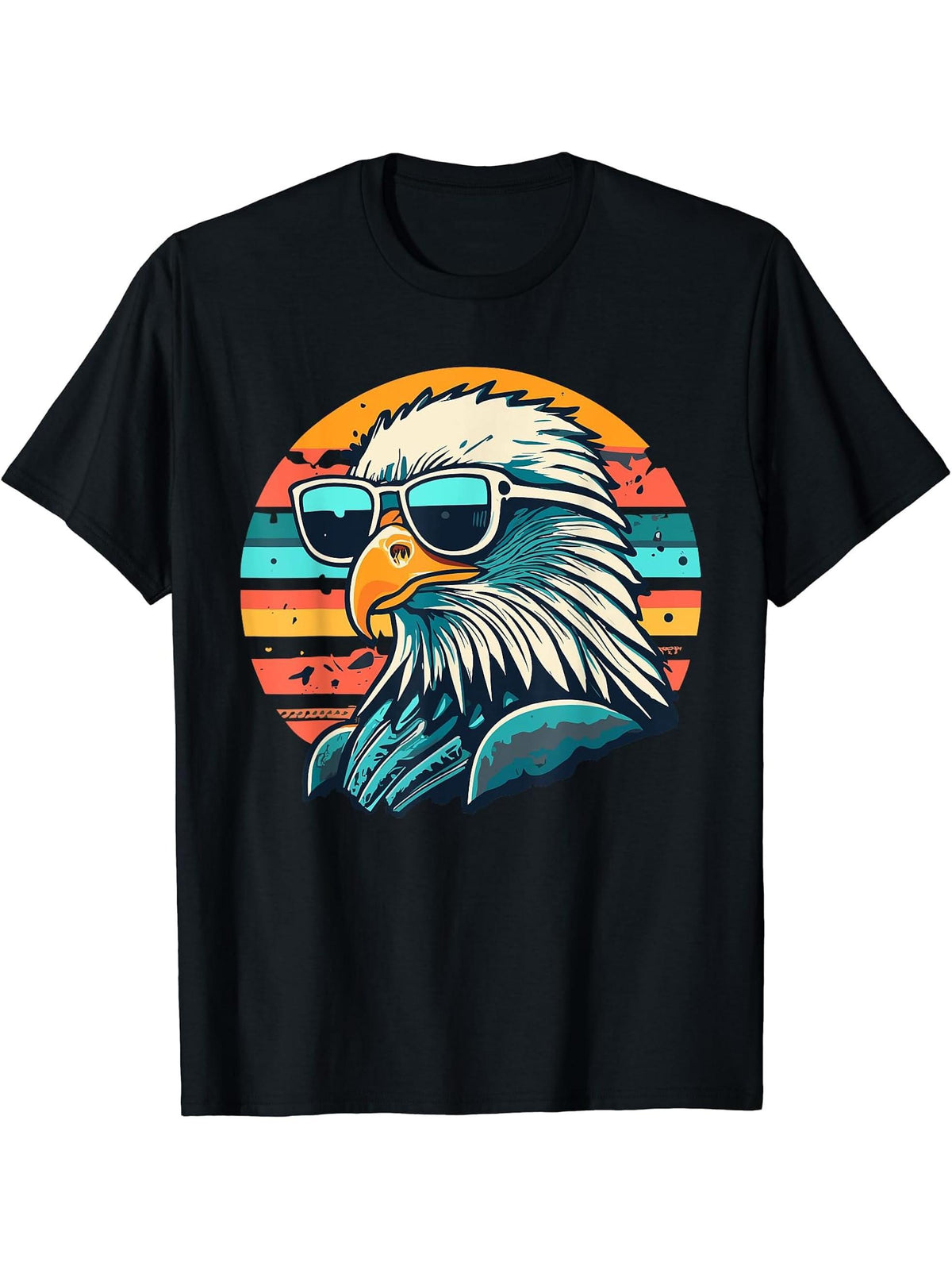 Vintage Eagle with Sunglasses - Retro American Bald Eagle T-Shirt 180G 100% Cotton Printed Round Neck Short-Sleeve T-Shirt, Gifts for Men Dad Husband Grandpa, S-XXXL, Black