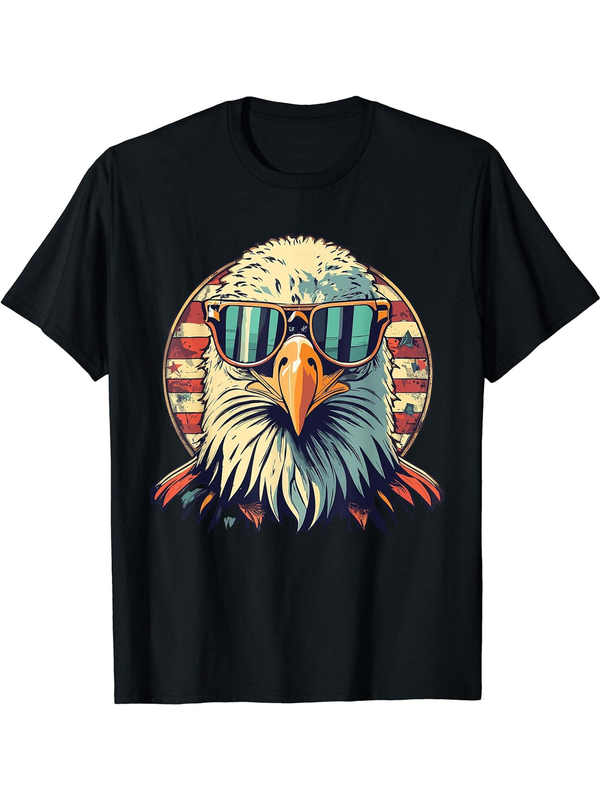 Vintage Eagle with Sunglasses - Retro American Bald Eagle T-Shirt 180G 100% Cotton Printed Round Neck Short-Sleeve T-Shirt, Gifts for Men Dad Husband Grandpa, S-XXXL, Black