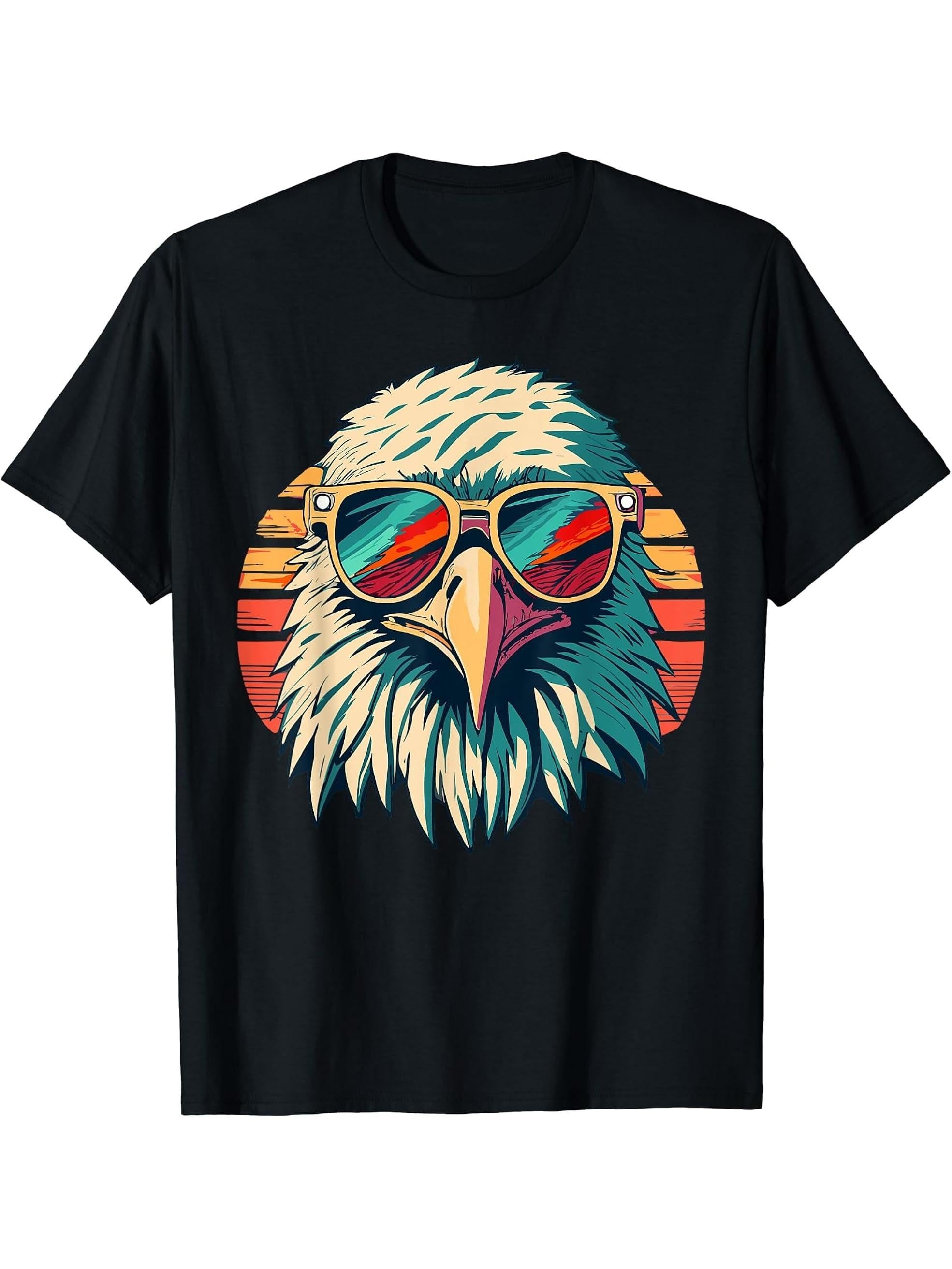 Vintage Eagle with Sunglasses - Retro American Bald Eagle T-Shirt 180G 100% Cotton Printed Round Neck Short-Sleeve T-Shirt, Gifts for Men Dad Husband Grandpa, S-XXXL, Black