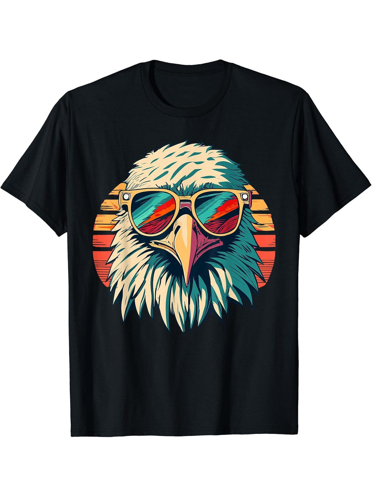 Vintage Eagle with Sunglasses - Retro American Bald Eagle T-Shirt 180G 100% Cotton Printed Round Neck Short-Sleeve T-Shirt, Gifts for Men Dad Husband Grandpa, S-XXXL, Black