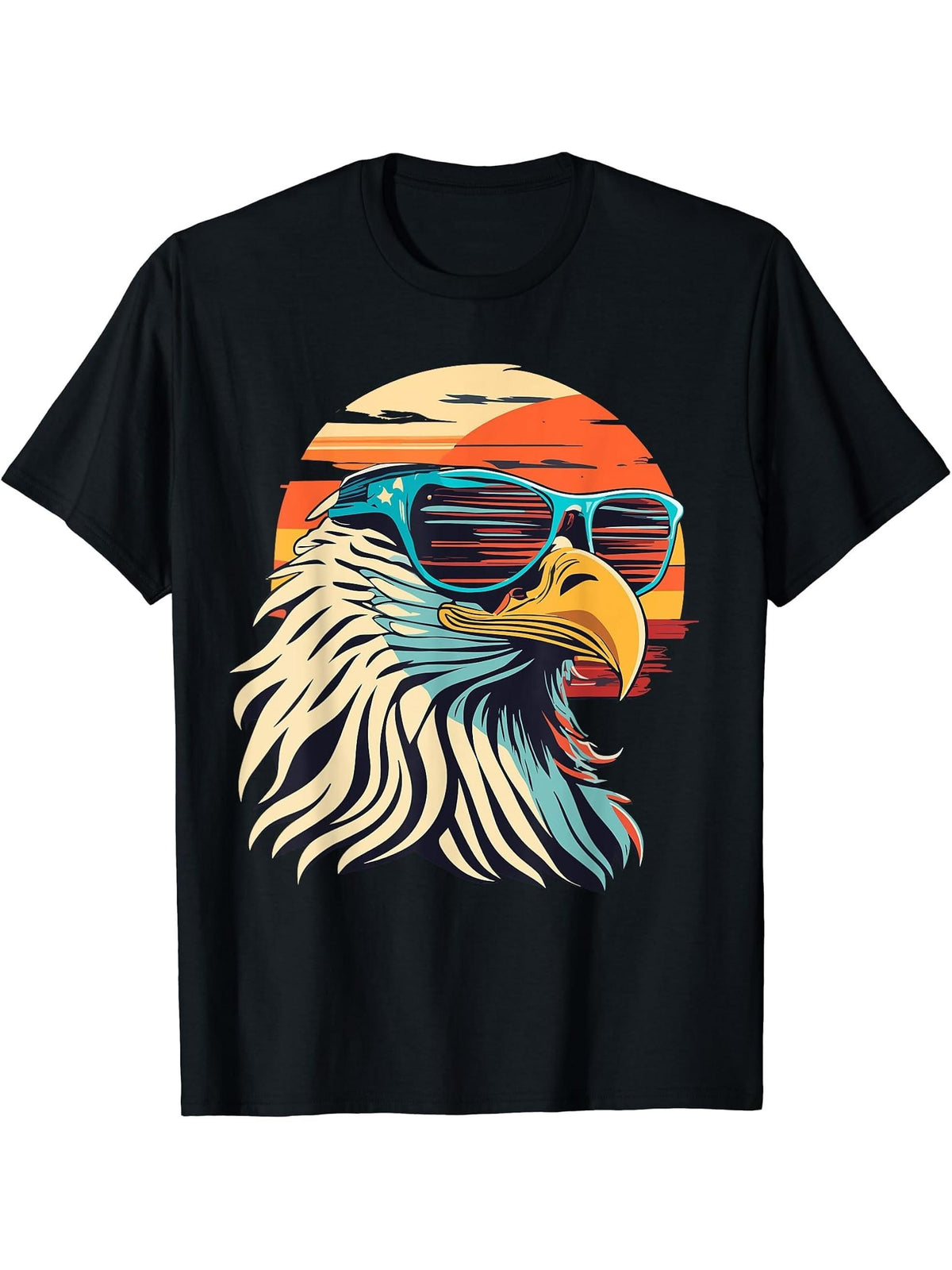 Vintage Eagle with Sunglasses - Retro American Bald Eagle T-Shirt 180G 100% Cotton Printed Round Neck Short-Sleeve T-Shirt, Gifts for Men Dad Husband Grandpa, S-XXXL, Black