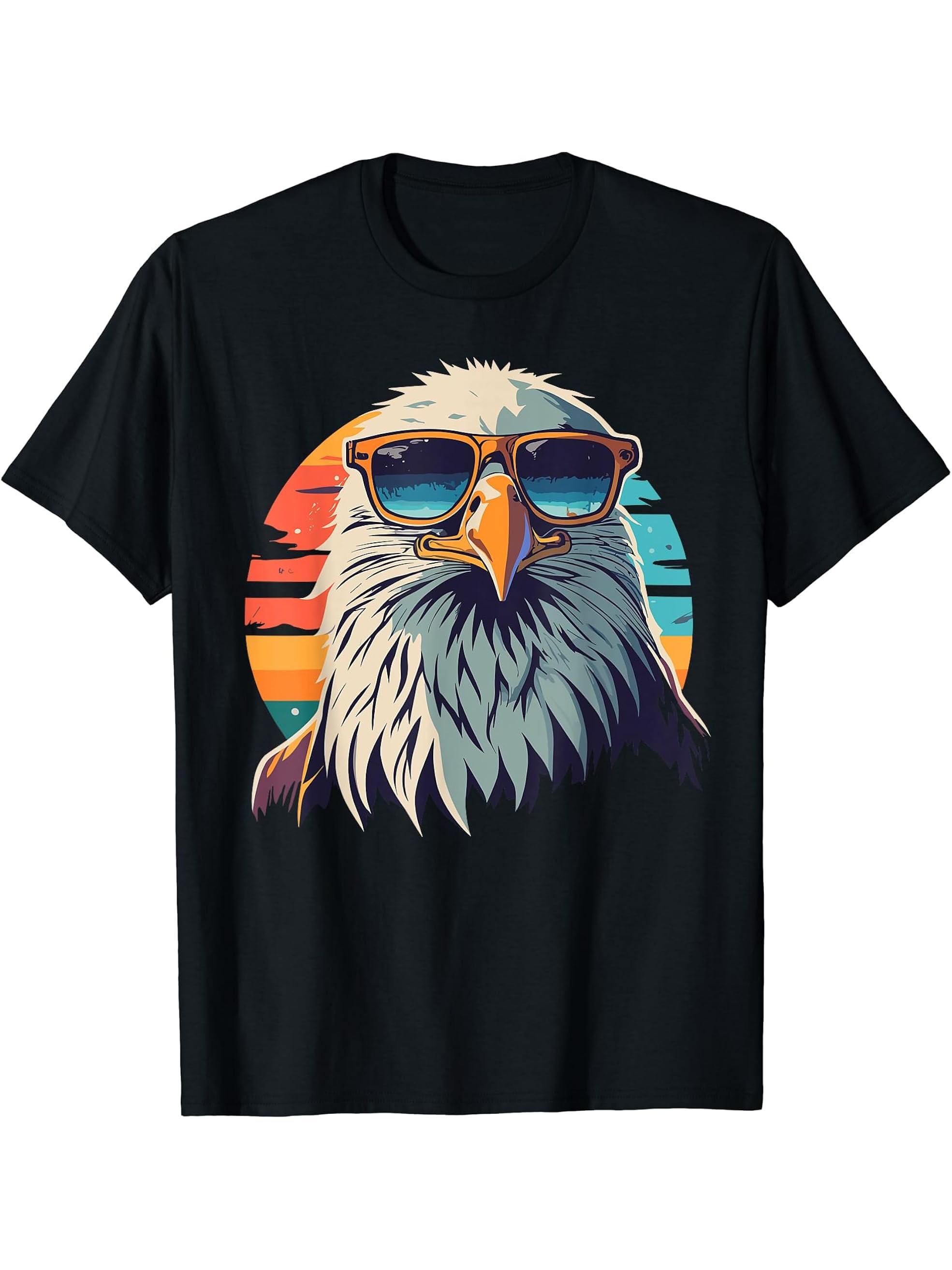 Vintage Eagle with Sunglasses - Retro American Bald Eagle T-Shirt 180G 100% Cotton Printed Round Neck Short-Sleeve T-Shirt, Gifts for Men Dad Husband Grandpa, S-XXXL, Black