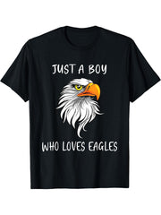Bald Eagle Just a Boy Who Loves Eagles T-Shirt 180G 100% Cotton Printed Round Neck Short-Sleeve T-Shirt, Gifts for Men Dad Husband Grandpa, S-XXXL, Black