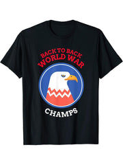 Back to Back 2x Champions of the World with Bald Eagle T-Shirt 180G 100% Cotton Printed Round Neck Short-Sleeve T-Shirt, Gifts for Men Dad Husband Grandpa, S-XXXL, Black