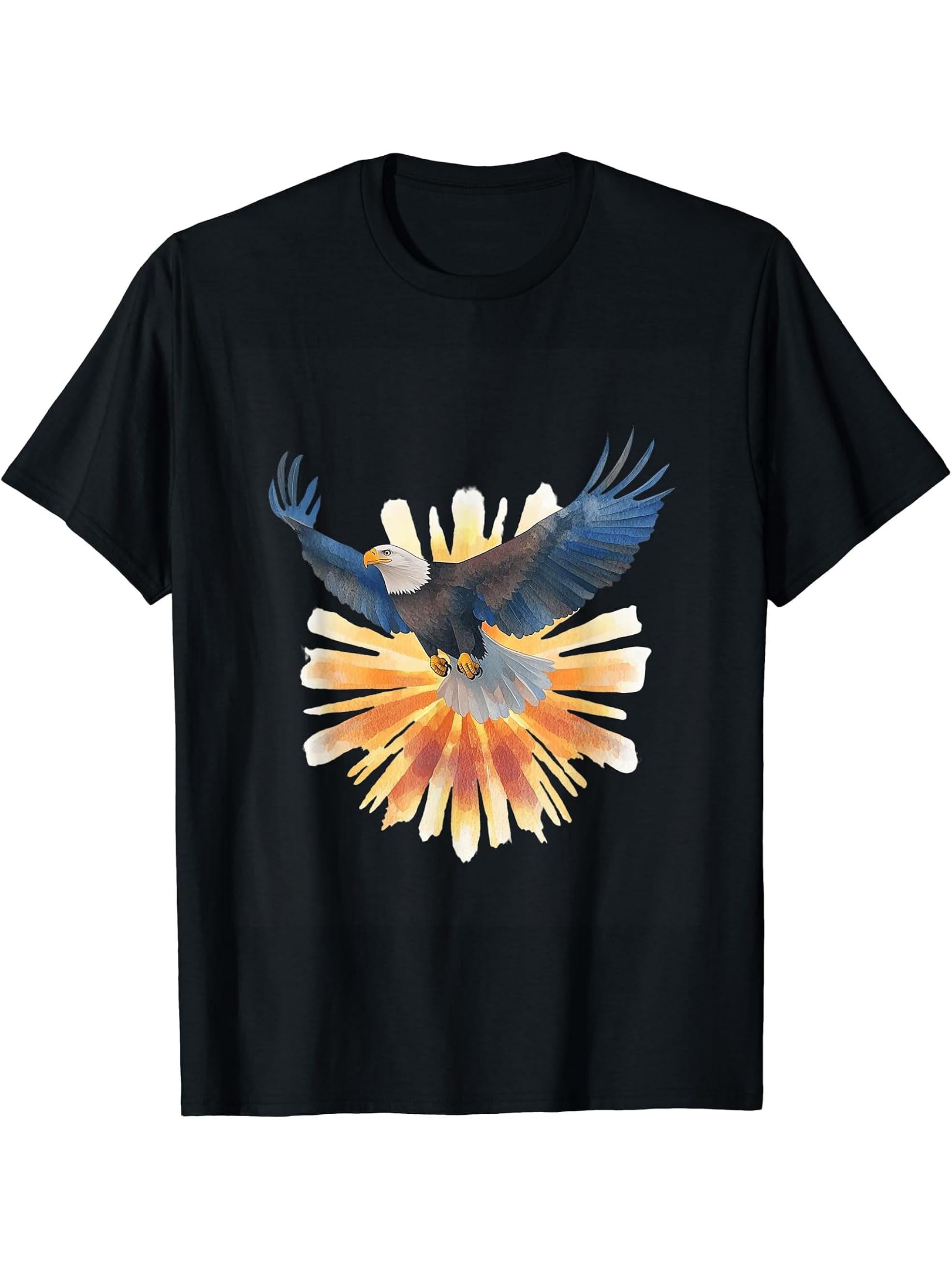 Bald Eagle In Sunburst Patriotic Design T-Shirt 180G 100% Cotton Printed Round Neck Short-Sleeve T-Shirt, Gifts for Men Dad Husband Grandpa, S-XXXL, Black