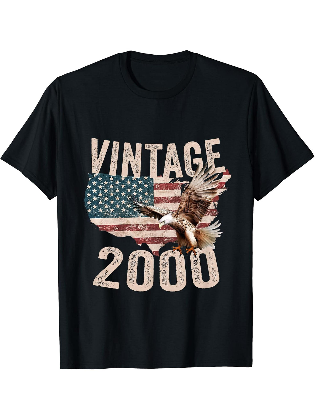 Vintage 2000 Bald Eagle American Flag Country T-Shirt 180G 100% Cotton Printed Round Neck Short-Sleeve T-Shirt, Gifts for Men Dad Husband Grandpa, S-XXXL, Black