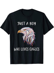 Bald Eagle Just a Boy Who Loves Eagles T-Shirt 180G 100% Cotton Printed Round Neck Short-Sleeve T-Shirt, Gifts for Men Dad Husband Grandpa, S-XXXL, Black