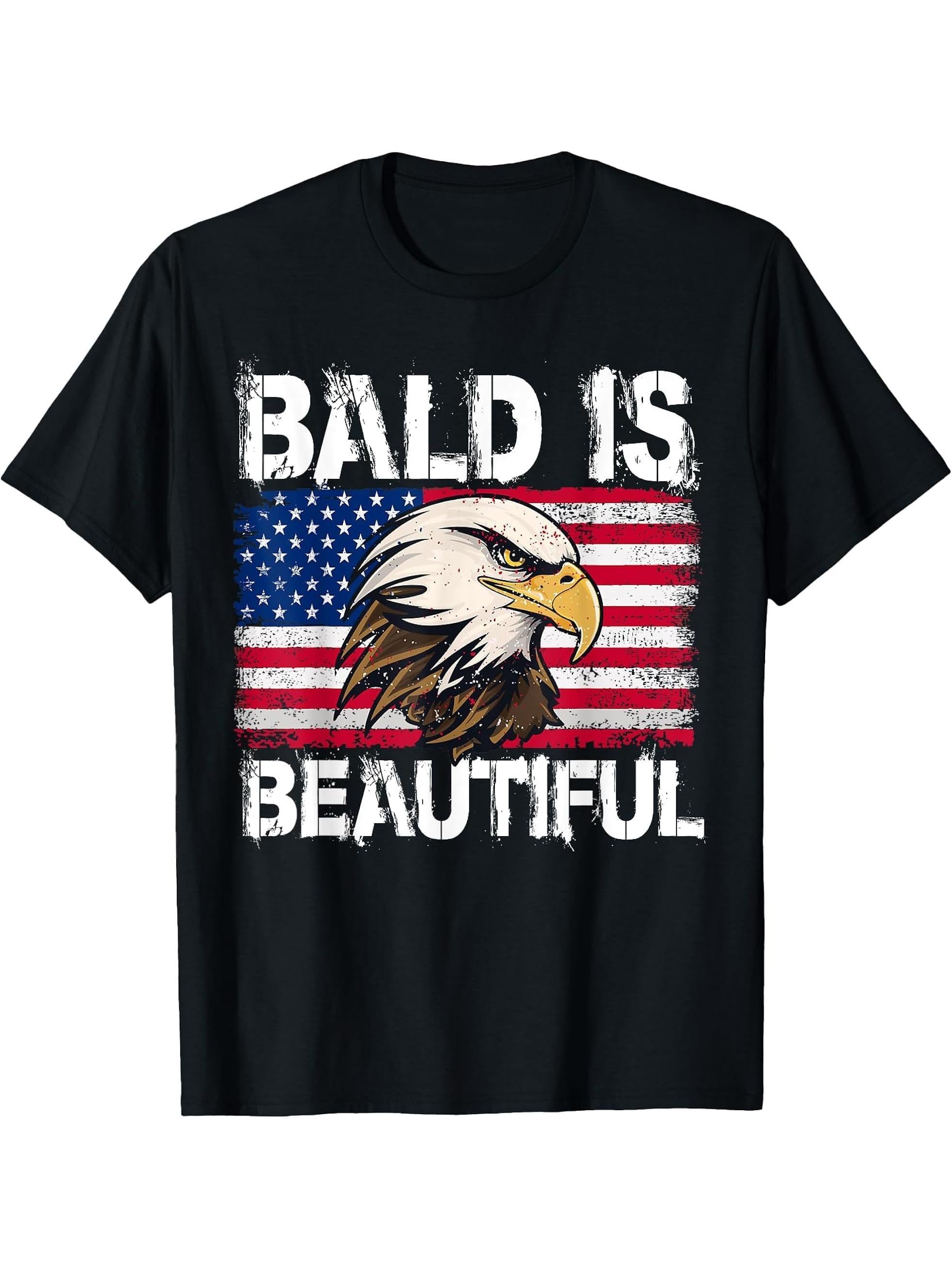 Bald Is Beautiful 4th of July Independence Day Bald Eagle T-Shirt 180G 100% Cotton Printed Round Neck Short-Sleeve T-Shirt, Gifts for Men Dad Husband Grandpa, S-XXXL, Black