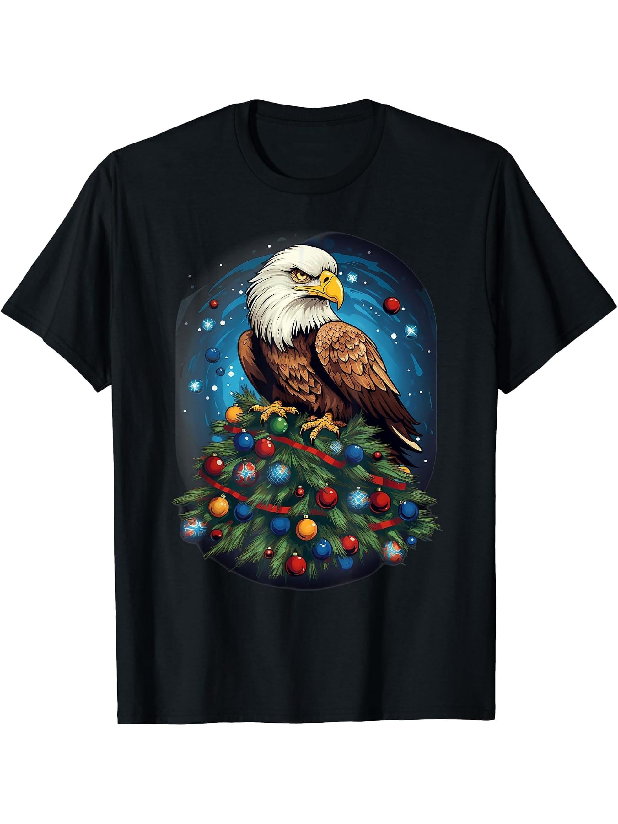 Xmas Bald Eagle Pile Up Christmas Tree T-Shirt 180G 100% Cotton Printed Round Neck Short-Sleeve T-Shirt, Gifts for Men Dad Husband Grandpa, S-XXXL, Black