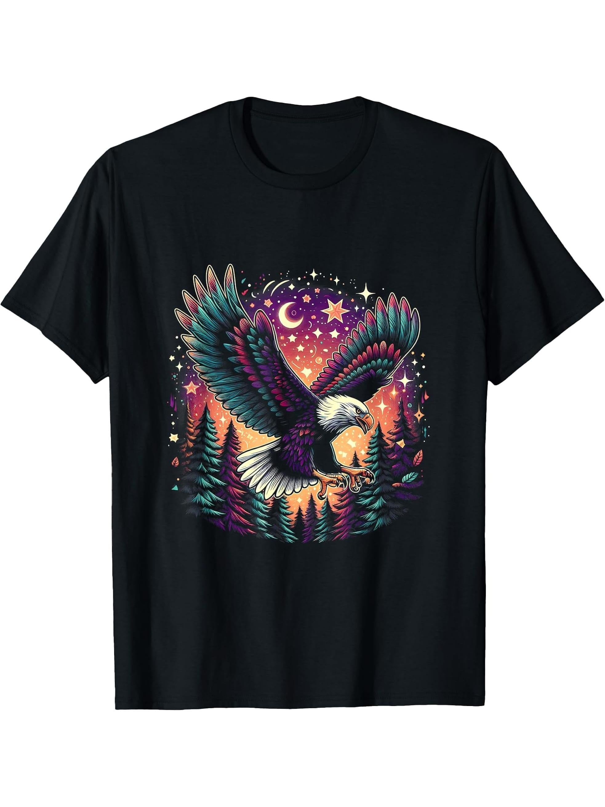 Eagle Forest Animal Wildlife Bald Eagles Bird Flying Nature T-Shirt 180G 100% Cotton Printed Round Neck Short-Sleeve T-Shirt, Gifts for Men Dad Husband Grandpa, S-XXXL, Black