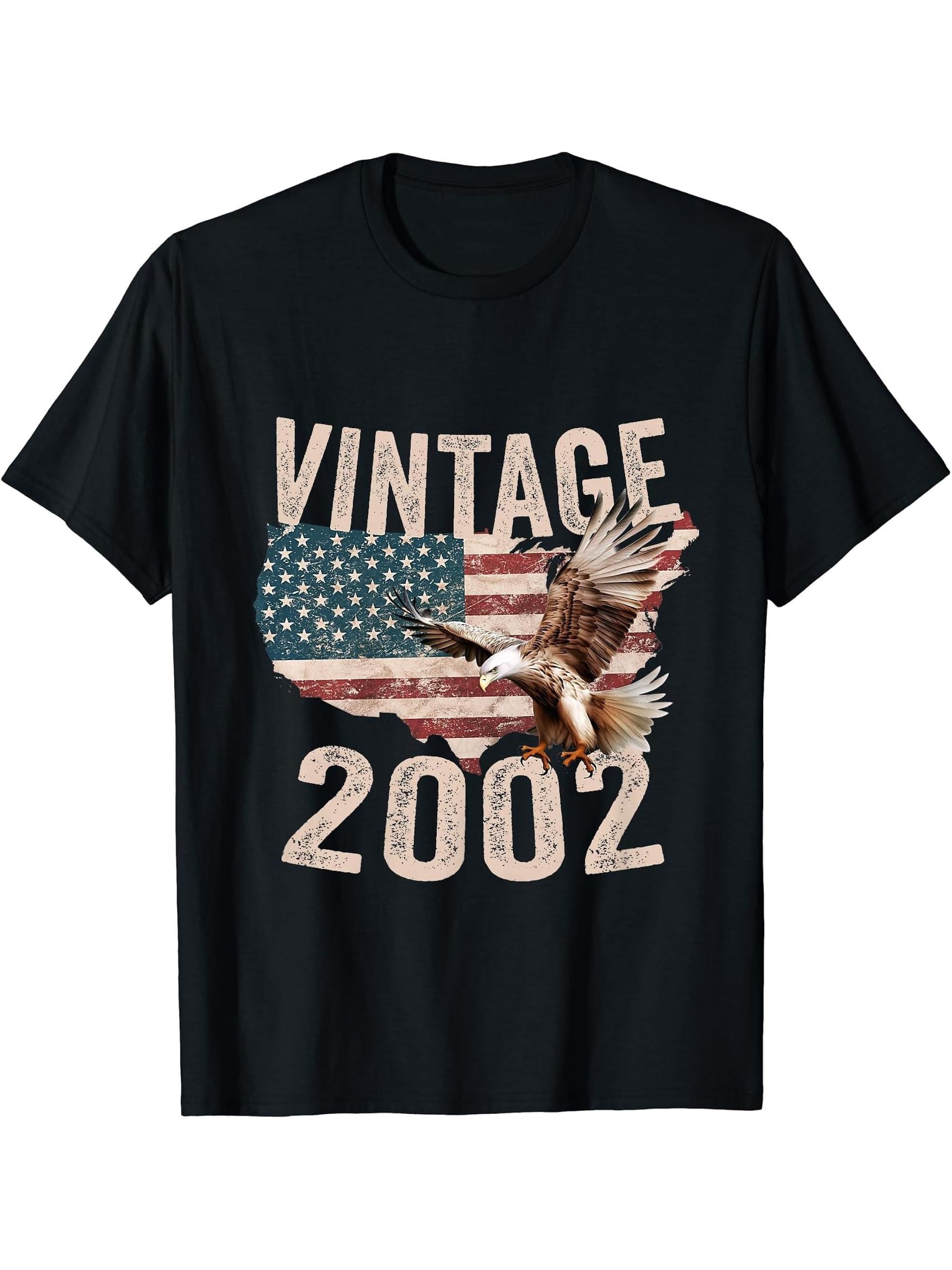 Vintage 2002 Bald Eagle American Flag Country T-Shirt 180G 100% Cotton Printed Round Neck Short-Sleeve T-Shirt, Gifts for Men Dad Husband Grandpa, S-XXXL, Black