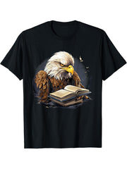 Outdoors Bald Eagle Reading Book T-Shirt 180G 100% Cotton Printed Round Neck Short-Sleeve T-Shirt, Gifts for Men Dad Husband Grandpa, S-XXXL, Black
