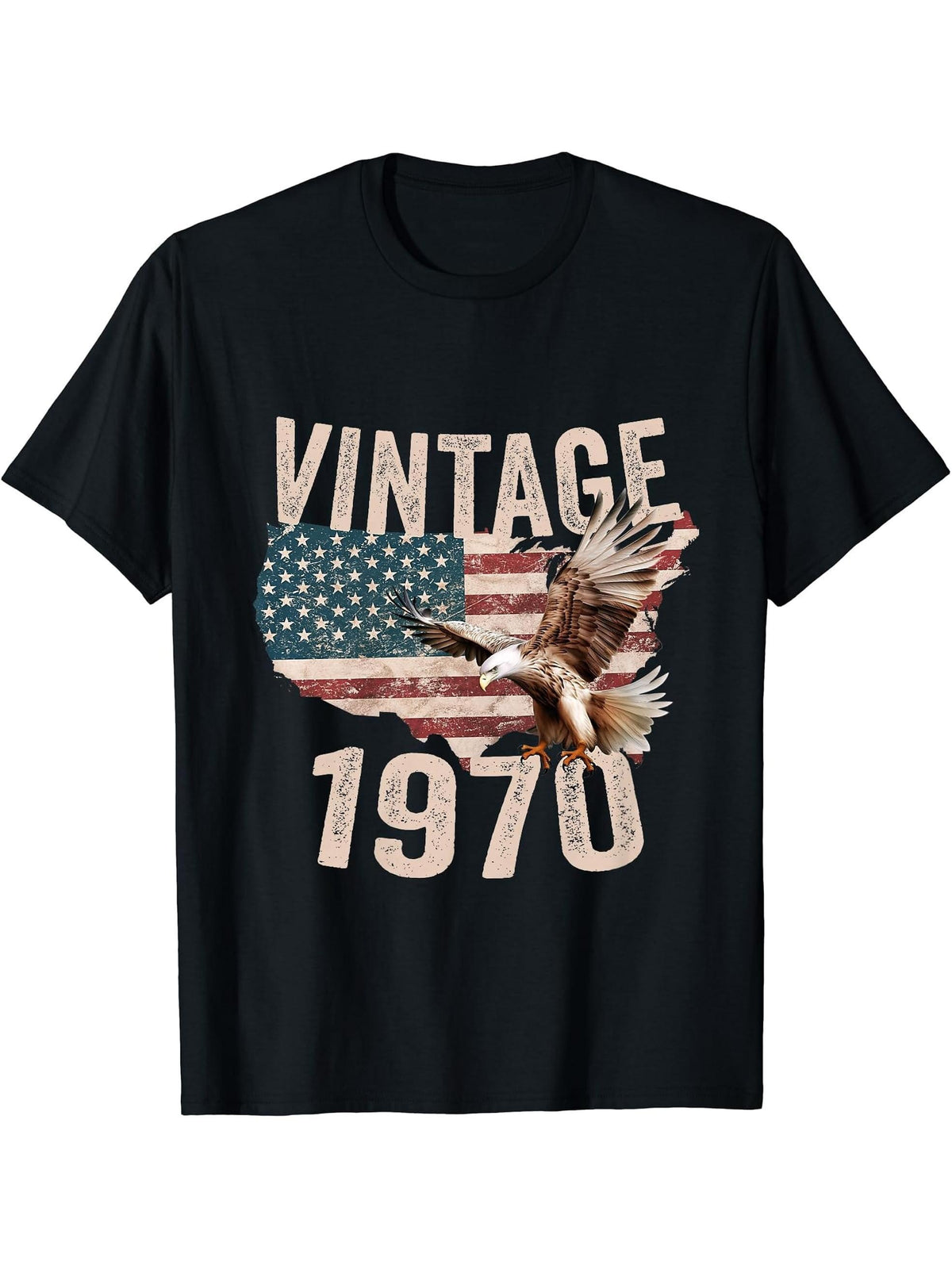 Vintage 1970 Bald Eagle American Flag Country T-Shirt 180G 100% Cotton Printed Round Neck Short-Sleeve T-Shirt, Gifts for Men Dad Husband Grandpa, S-XXXL, Black