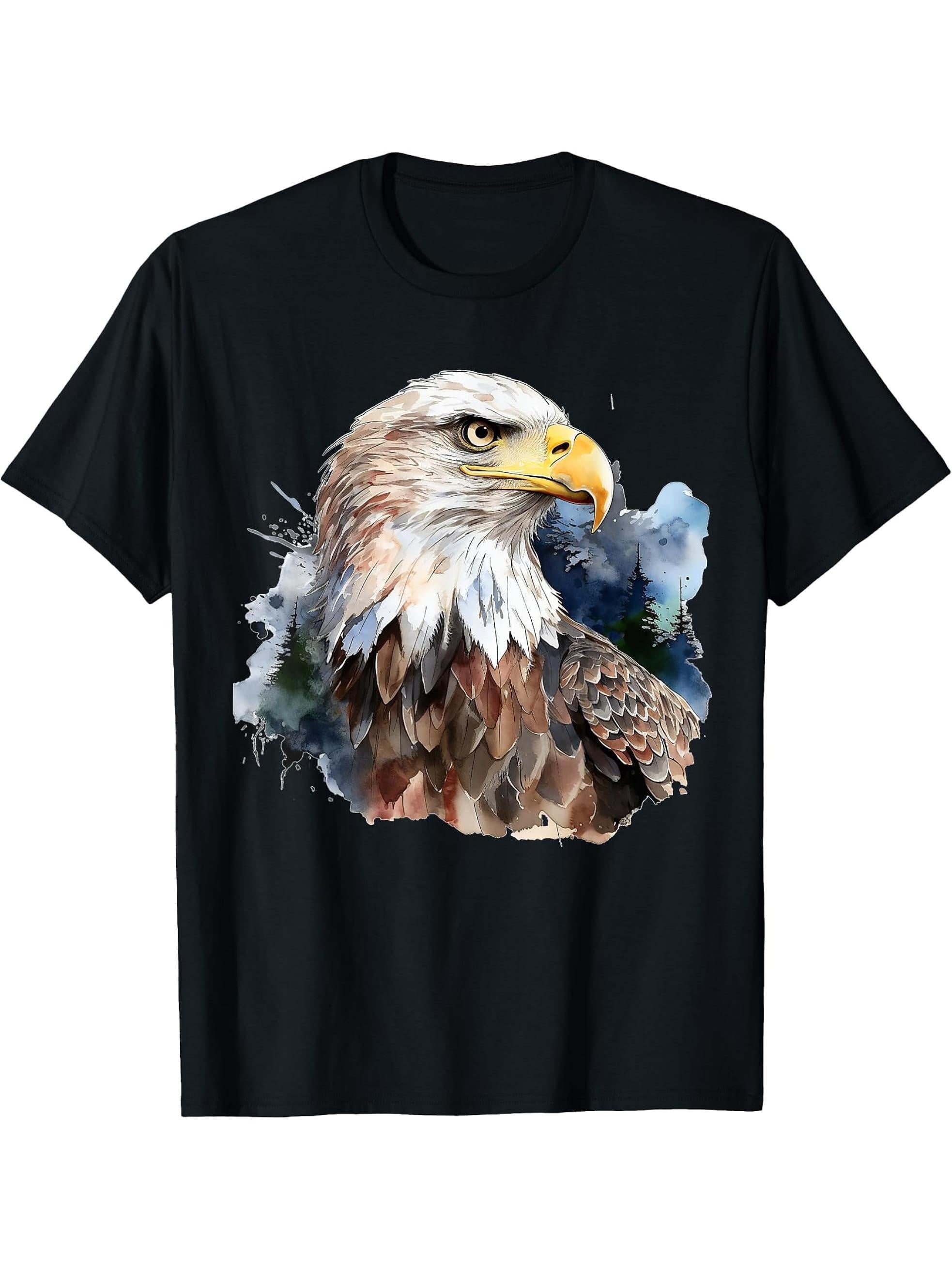 Stern American Bald Eagle with Wilderness Background T-Shirt 180G 100% Cotton Printed Round Neck Short-Sleeve T-Shirt, Gifts for Men Dad Husband Grandpa, S-XXXL, Black