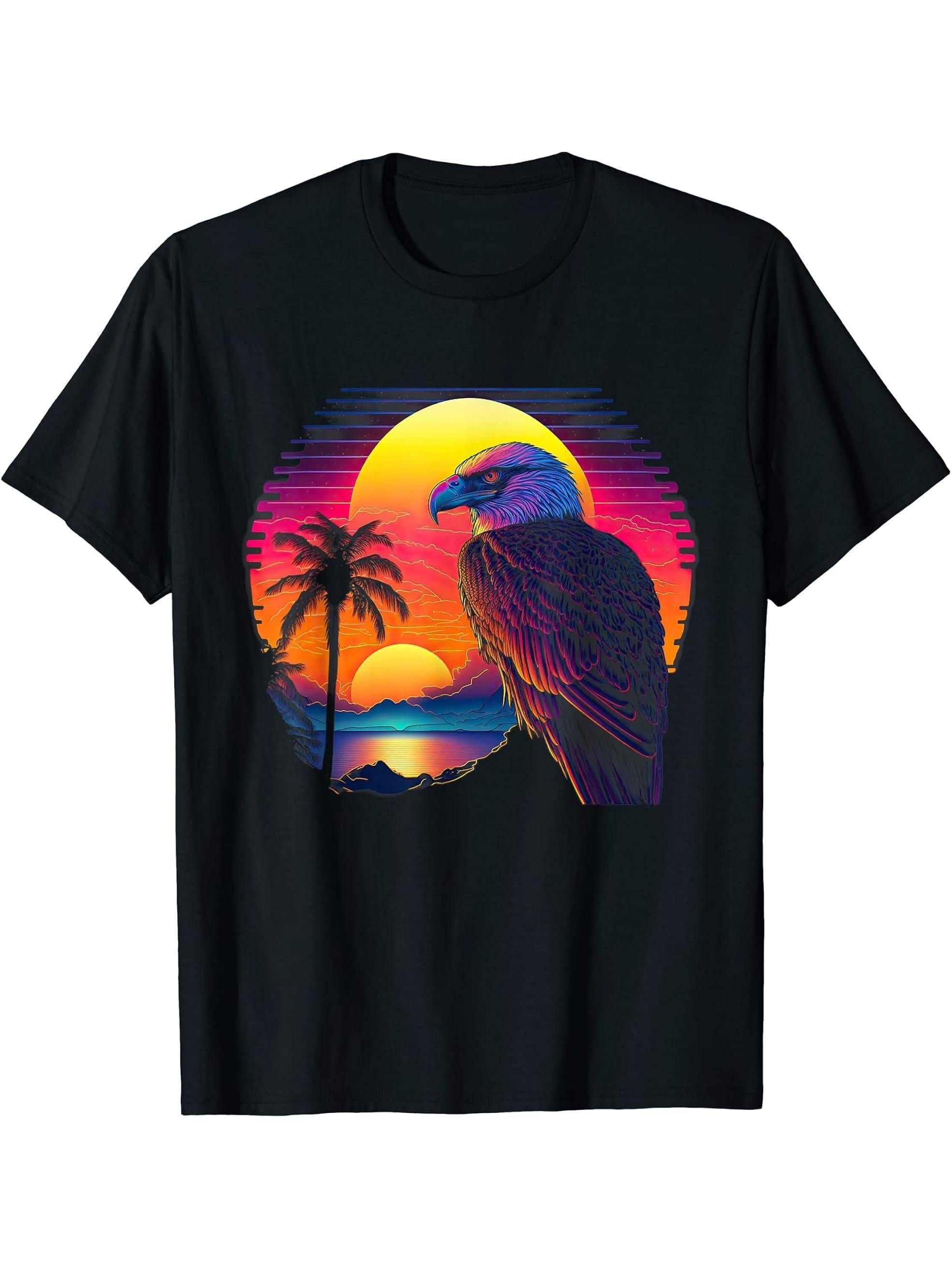 Retro Aesthetic Bald Eagle T-Shirt 180G 100% Cotton Printed Round Neck Short-Sleeve T-Shirt, Gifts for Men Dad Husband Grandpa, S-XXXL, Black