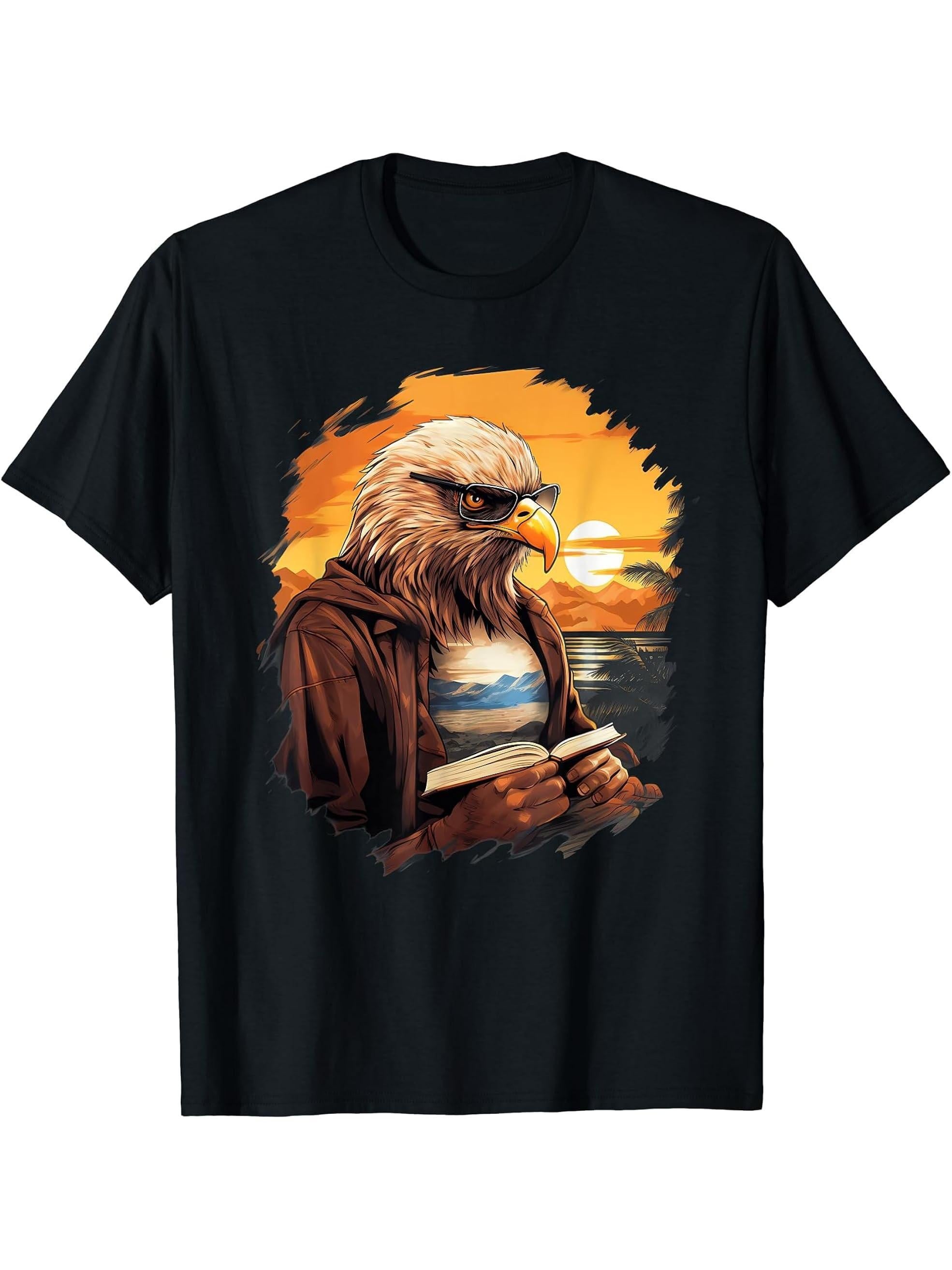 Outdoors Bald Eagle Reading Book T-Shirt 180G 100% Cotton Printed Round Neck Short-Sleeve T-Shirt, Gifts for Men Dad Husband Grandpa, S-XXXL, Black