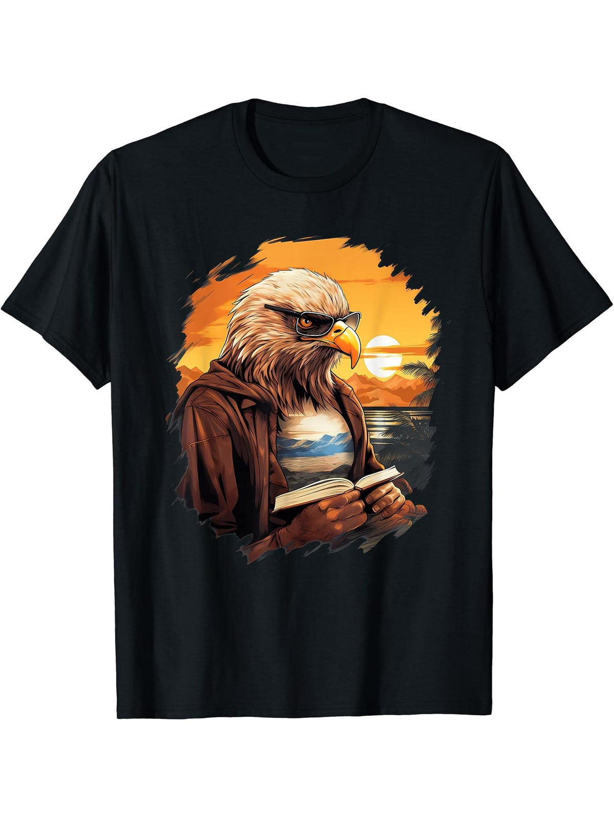 Outdoors Bald Eagle Reading Book T-Shirt 180G 100% Cotton Printed Round Neck Short-Sleeve T-Shirt, Gifts for Men Dad Husband Grandpa, S-XXXL, Black