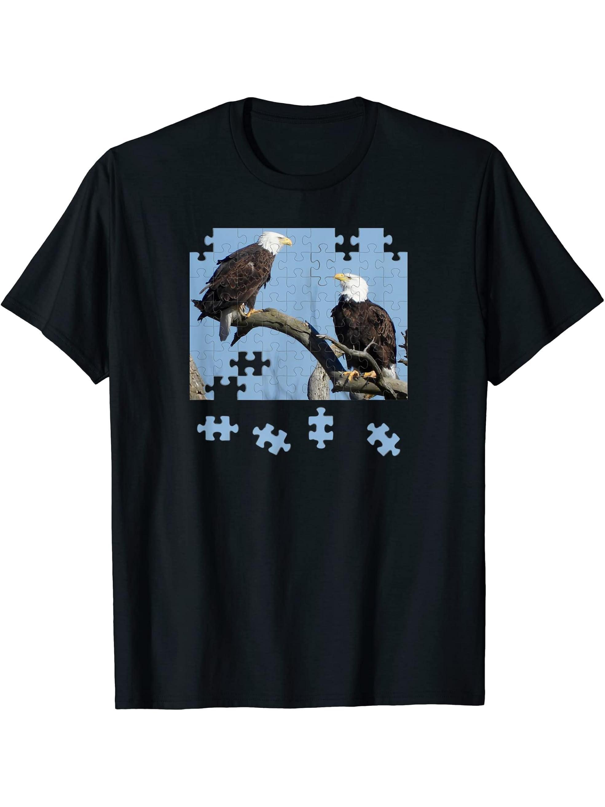 American Bald Eagle Puzzle T-Shirt 180G 100% Cotton Printed Round Neck Short-Sleeve T-Shirt, Gifts for Men Dad Husband Grandpa, S-XXXL, Black