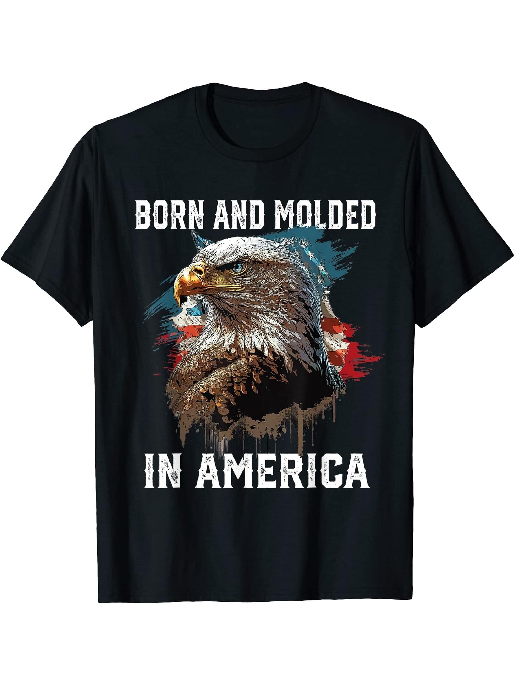Born and Molded in America American Bald Eagle Patriotism T-Shirt 180G 100% Cotton Printed Round Neck Short-Sleeve T-Shirt, Gifts for Men Dad Husband Grandpa, S-XXXL, Black