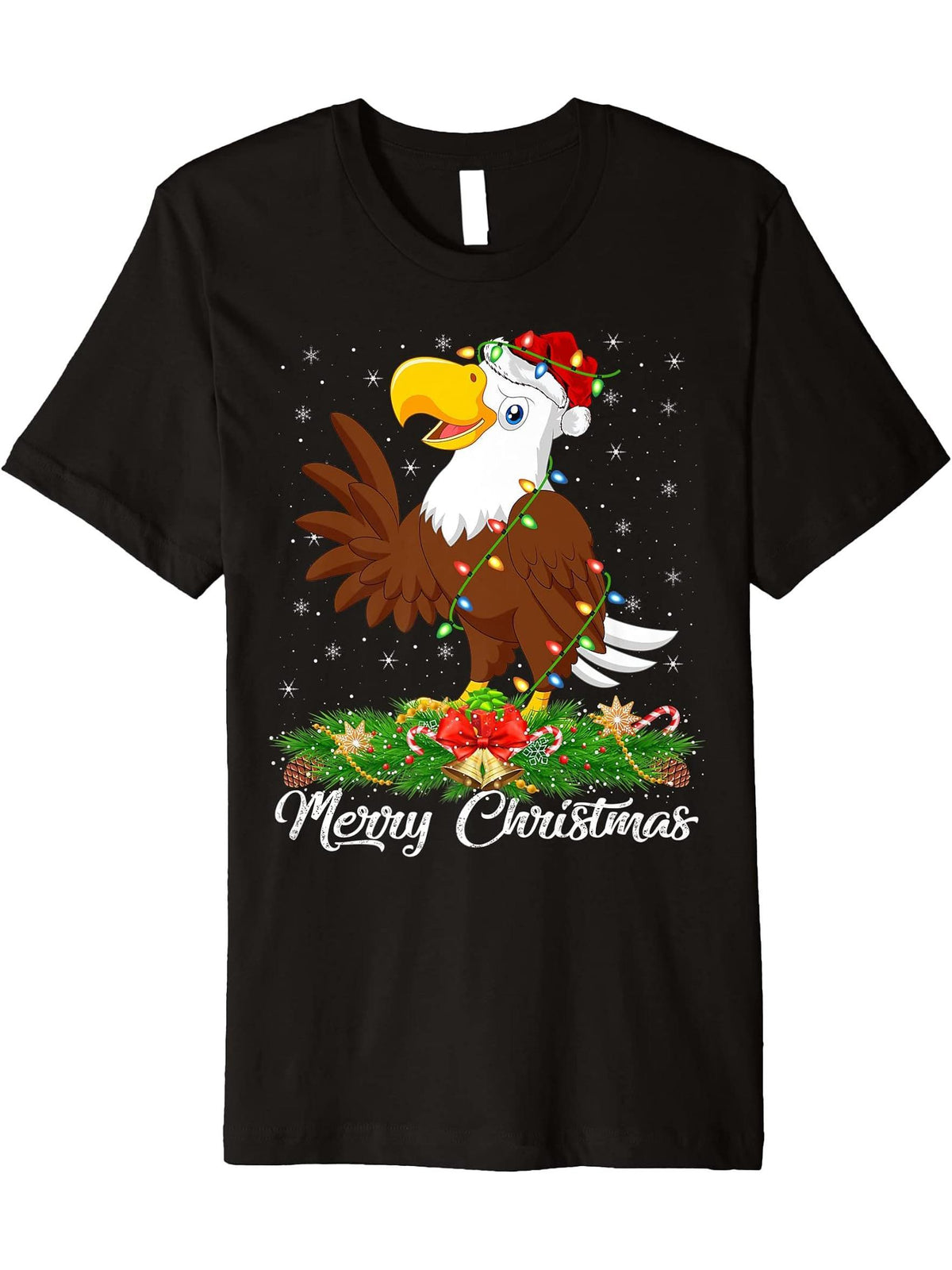 Bald Eagle Bird Lover Matching Santa Bald Eagle Christmas Premium T-Shirt 180G 100% Cotton Printed Round Neck Short-Sleeve T-Shirt, Gifts for Men Dad Husband Grandpa, S-XXXL, Black
