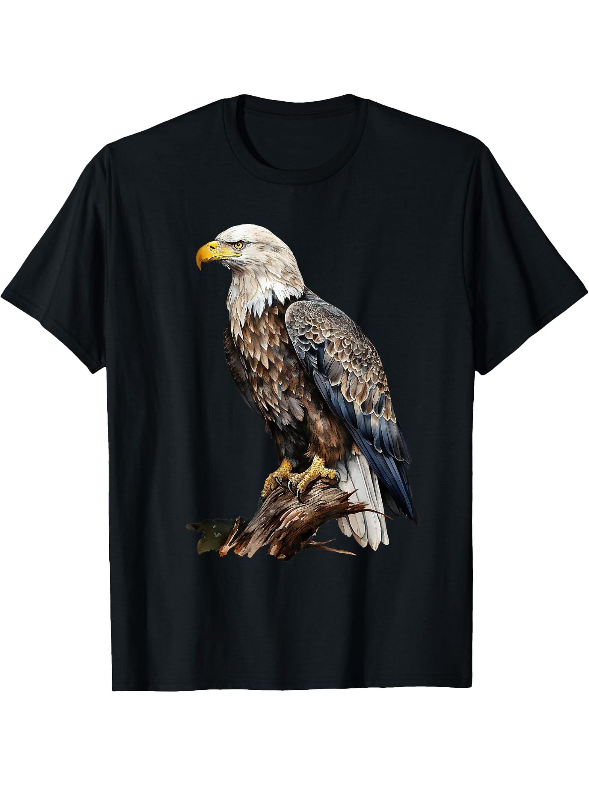 Proud American Bald Eagle on Jagged Branch T-Shirt 180G 100% Cotton Printed Round Neck Short-Sleeve T-Shirt, Gifts for Men Dad Husband Grandpa, S-XXXL, Black