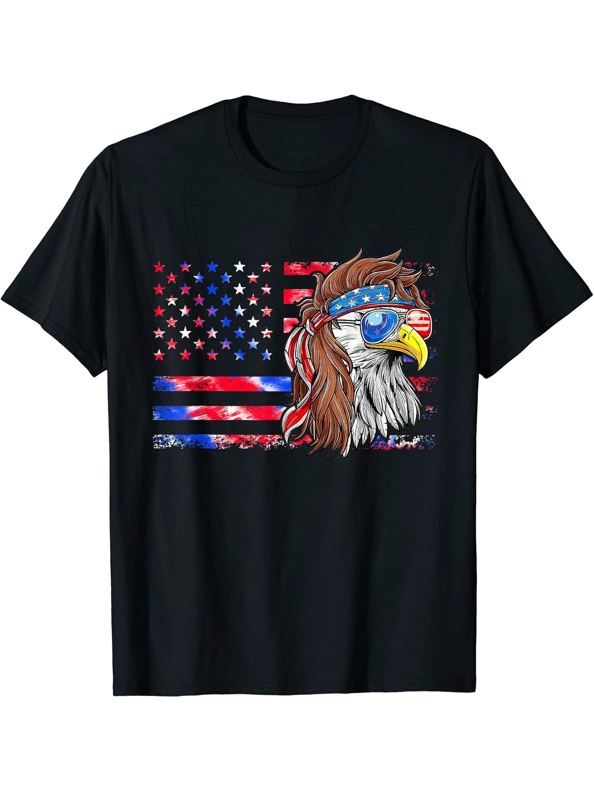 Patriotic Bald Eagle Mullet USA American Flag 4th Of July T-Shirt 180G 100% Cotton Printed Round Neck Short-Sleeve T-Shirt, Gifts for Men Dad Husband Grandpa, S-XXXL, Black