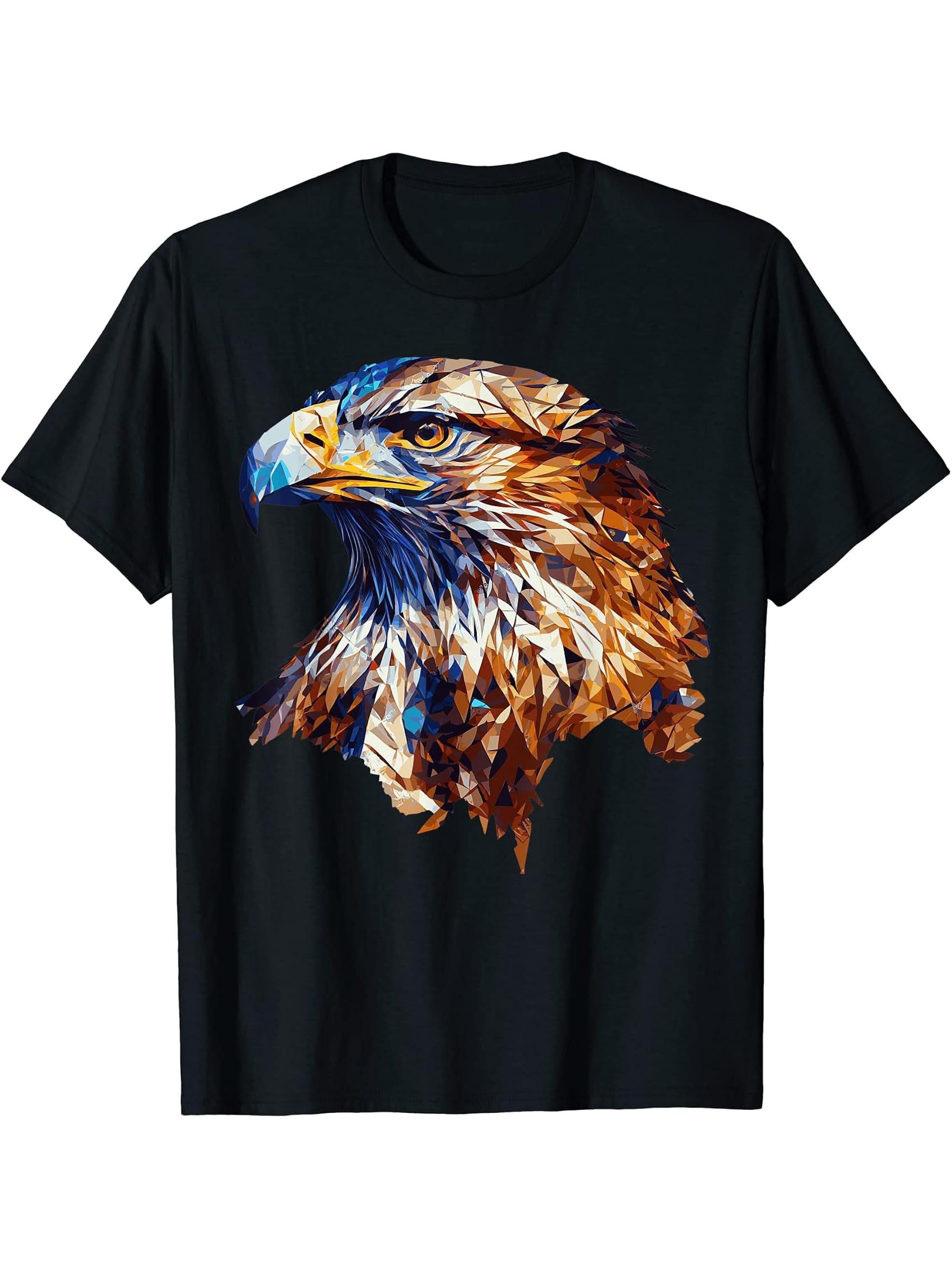 Geometric Bald Eagle Head Abstract Polygonal T-Shirt 180G 100% Cotton Printed Round Neck Short-Sleeve T-Shirt, Gifts for Men Dad Husband Grandpa, S-XXXL, Black