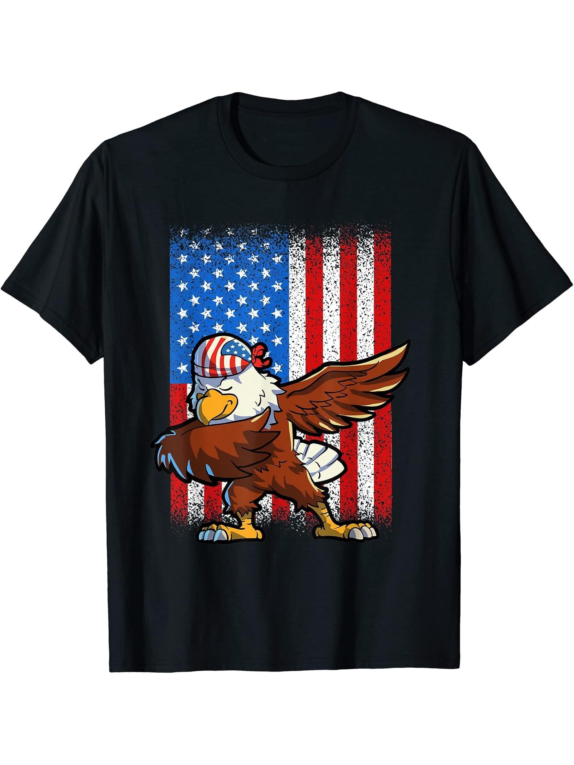 Dabbing American Bald Eagle 4th Of July Boys Boy Girl USA Flag T-Shirt 180G 100% Cotton Printed Round Neck Short-Sleeve T-Shirt, Gifts for Men Dad Husband Grandpa, S-XXXL, Black