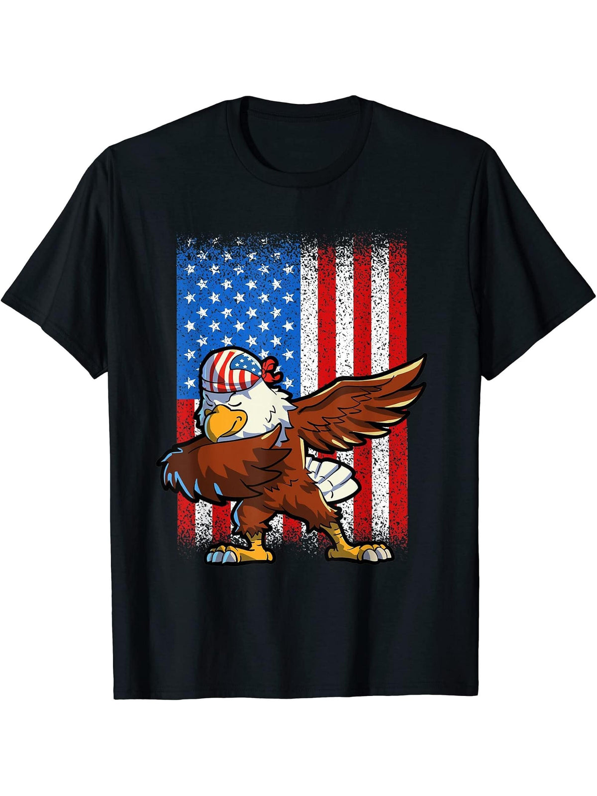 Dabbing American Bald Eagle 4th Of July Boys Boy Girl USA Flag T-Shirt 180G 100% Cotton Printed Round Neck Short-Sleeve T-Shirt, Gifts for Men Dad Husband Grandpa, S-XXXL, Black