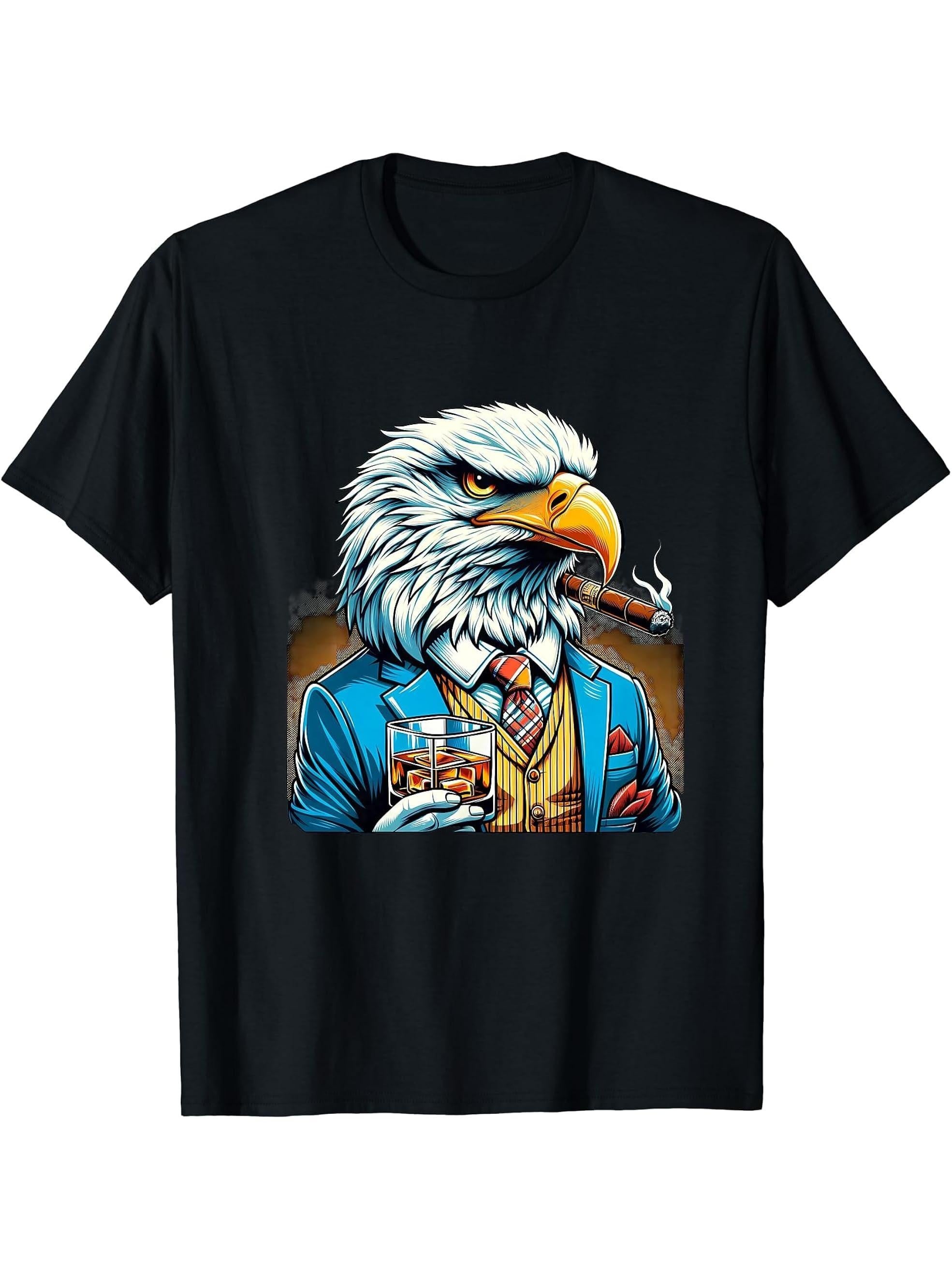 Bald Eagle Cigar And Whiskey T-Shirt 180G 100% Cotton Printed Round Neck Short-Sleeve T-Shirt, Gifts for Men Dad Husband Grandpa, S-XXXL, Black